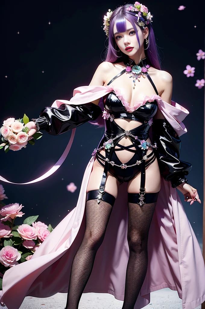 beautiful Mexican model who controls poison、happy smile、lipgloss、intense makeup、look at the camera、full body Esbian、、sparkling poisoned flower costume、、、、sparkling Colorful short hair、secrete poison、skull hair accessories、sexy tights、shiny sparkling flowers background