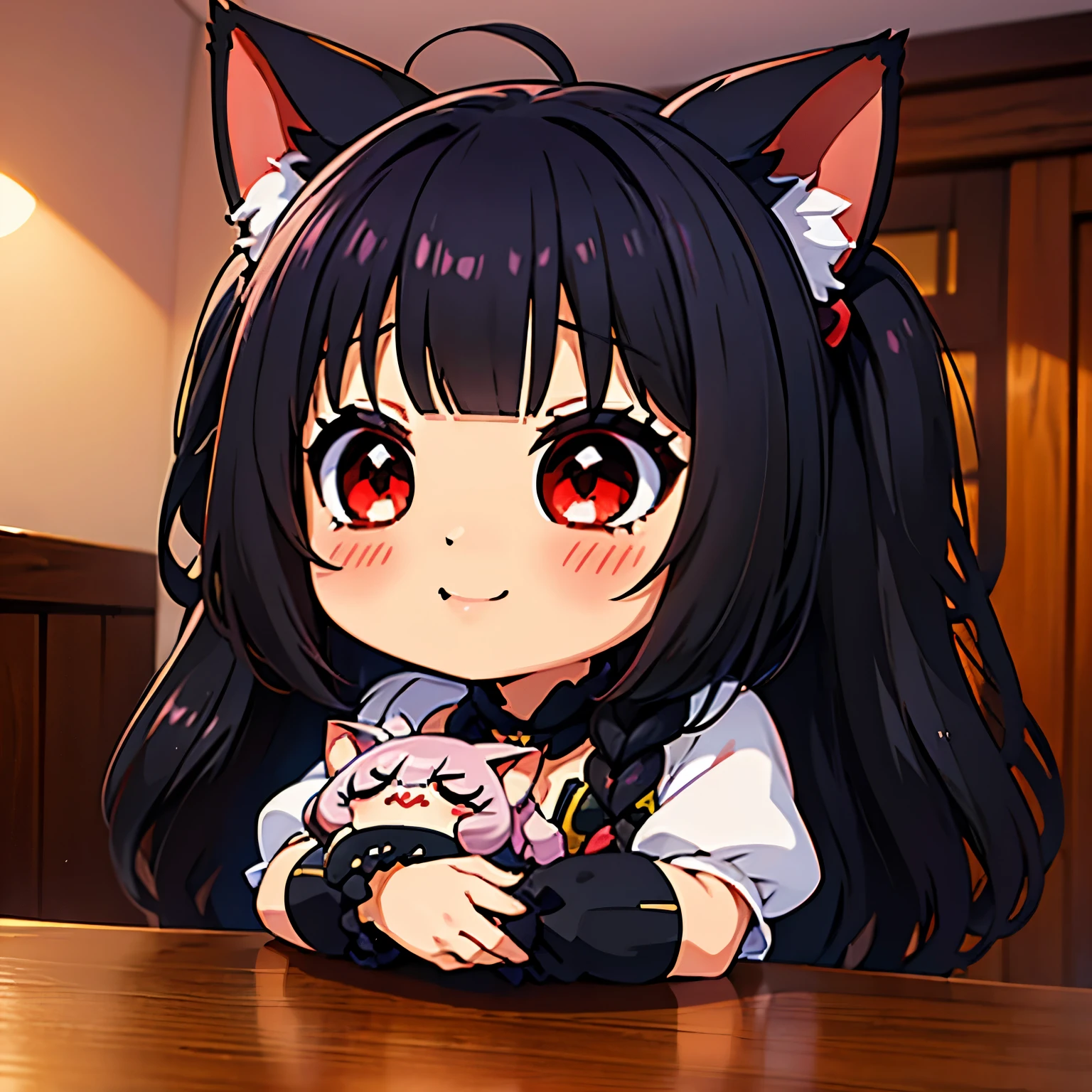 de primera calidad、Higher resolution、(Chibi:1.4)、(Chibi Chara)、Uma Musume、pelo negro, orejas de gato、cabello largo、pelo liso、ojos rojos, abrir la boca abierta、Contento、una sonrisa、correr、fondo sencillo