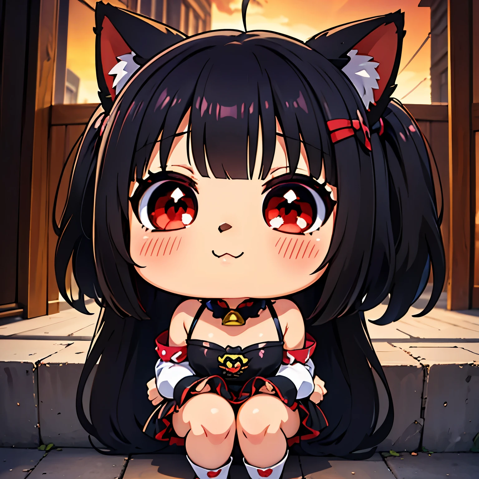 de primera calidad、Higher resolution、(Chibi:1.4)、(Chibi Chara)、Uma Musume、pelo negro, orejas de gato、cabello largo、pelo liso、ojos rojos, abrir la boca abierta、Contento、una sonrisa、correr、fondo sencillo