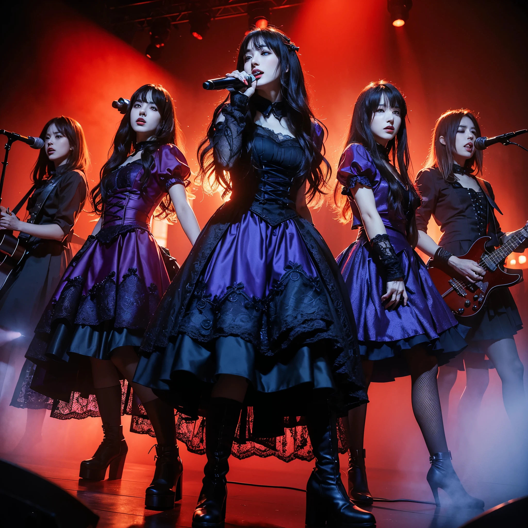 ((very sharp photo result & detailed face)) (((textile shading))) (((Best Quality))), (((masterpiece))) (((hyper realistic photo)) red-blue light mood, full band of japanese gothic style are on the stage, they have red wavy hairs, attractive on stage hold a microphone & guitar, they are wearing purple gowns black lace, net stockings & boots, at dark stage with red smoke on a night concert, dark dramatic spotlight lamp on them, taken with hasselblad camera. HDR10 8
