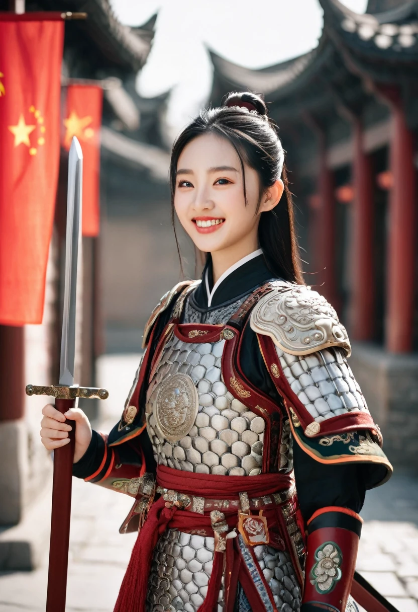 best quality, 8k, highly detailed face and skin texture, high resolution, cute chinese girl in chinese armor stand and smile on street at chinese old town, hold a sword, full body, sharp focus