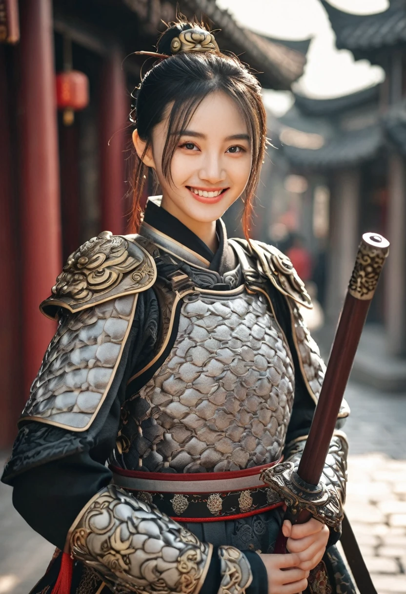 best quality, 8k, highly detailed face and skin texture, high resolution, cute chinese girl in chinese armor stand and smile on street at chinese old town, hold a sword, full body, sharp focus