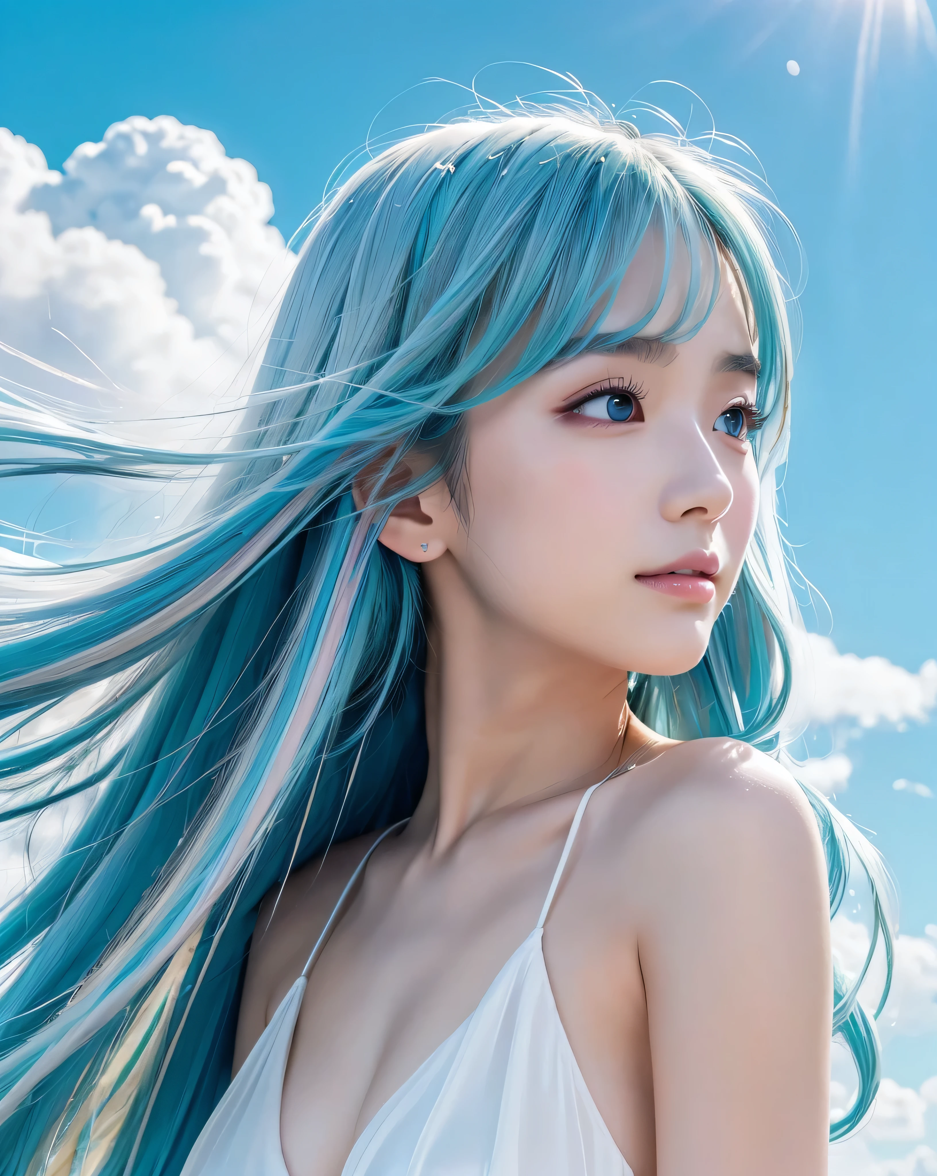 (highest quality, 32k, High resolution, Masterpiece:1.5, ), marimo_jet, god々A photograph with brilliant dazzling and healing power., Evoking a sense of calm and elusive beauty, Expressing emotions, Have a rich imagination,Beautiful Japanese Girls, An exceptionally beautiful face, Small Face Beauty, Perfect Human Anatomy, ((Full body shot angle from the side:1.2)), ((Look up at the sky with open arms:1.3)), Magical big eyes, Motherhood and generosity, Deep Love, fleeting smile, ((Shiny light blue hair:1.3)), ((Super Long Straight Silk Hair)), Asymmetrical bangs, Hair between the eyes, Transparent, soft white skin, Sharp eyebrows, Thin lashes, Natural Makeup, Cheek highlighter, Pale pink detailed lips, , ((White dress:1.2)), High resolution perfect collarbone, High resolution beautiful bust, Slim figure with ample breasts, High resolutionの美しい太もも, ((Detailed blue sky background:1.3)), Dazzling Sun, Professional Lighting, Professional photographer, Professional models, God's Secret