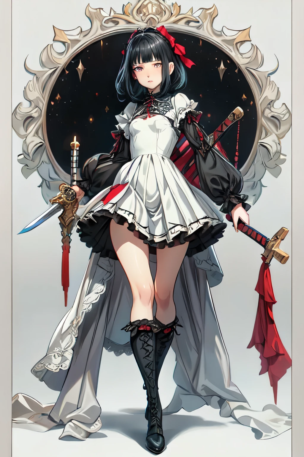 ((best quality)), ((masterpiece)), (detailed), blank white background, plain background, white background, red and white clothing, Bloodborne inspired,  occult aesthetic, occult, detailed and intricate steampunk and detailed gothic, NSFW, Very dramatic and cinematic lighting, cosmic horror, grim-dark, side-lighting, perfect face, NSFW, Fluttering lace flared long knee length dress with frilly petticoats, knee length dress, pleated petticoats, lolita dress, petticoats gothic lolita, complex lace boots, side-lighting, gothic lolita aesthetic, wielding a mighty sword with mechanical components, carbine, NSFW, beautiful small breasts, small breasts, full body, whole body, body, plain background, white background, blank background, no background, white background NSFW, full body, whole body, head-to-toe NSFW