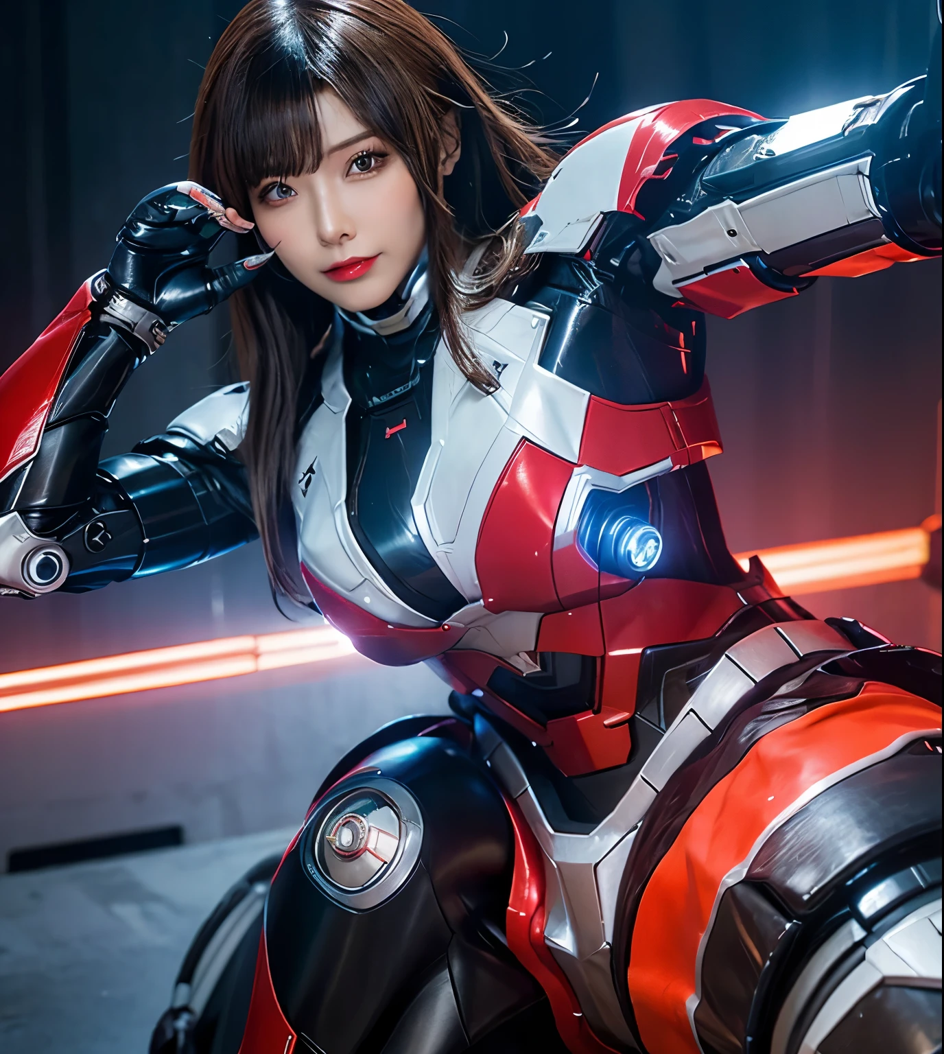 advanced details, high quality, better quality, High resolution, 1080P, hard disk, beautiful,(Iron Patriot),Beautiful cyborg woman,Mecha Cyborg ,battle mode,She wears futuristic clothes ,Iron Patriot,Mecha,Full body view from the front,A powerful cyborg woman, sleek and futuristic, with advanced mechanical augmentations that enhance her strength and capabilities.