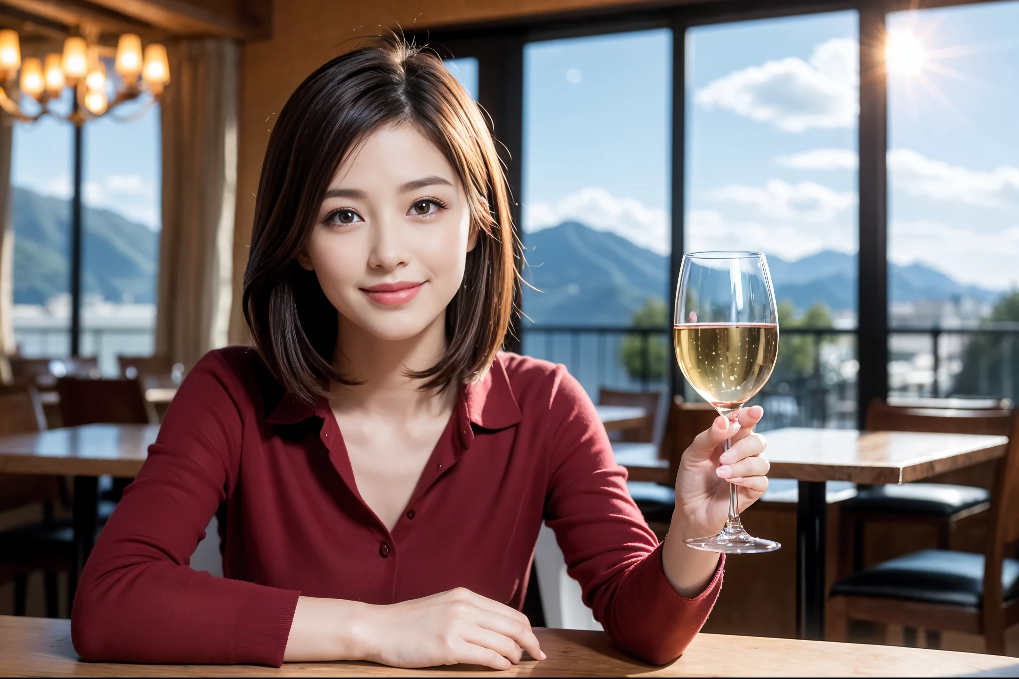((highest quality、8k、masterpiece:1.3))、Satomi Ishihara lookalike beauty、1 male、1 female、Couple、Spouse、half、The body is slim、((Bob Hale、Straight hair:1.2)), (Realistic, Intricate details:1.2), Wine glass on the table、Shine light on your face、 Amazing view of the sunset sky and clouds、Amazing mountain views、A bright smile、The wonderfulness of smile、Bright image、The beauty of wine, Beautiful Face, blue eyes, The light shines on your face, Blushing, short hair,Bright Face、 (Age 37), 39 years old, red wine 、Appetizers、Italian food、Wine bottle、Champagne、sparkling wine、Two beauties、Brown Hair、Shortcuts、Long sleeve shirt、dress、Pretty Woman 1, (Slim face), (The body is slim), (Brown Hair), (Shortcuts), cheeks turn a little red,Attractive beauty、restaurant, In a prominent place (From the waist up) Nova Frog Style, actress, model, Upper Body, White wine, slim, wine glass, A wine glass placed in the center, smile, (smile: 1.15), Beautiful fine grain, Depth f/2,saturation, High Contrast, Strong light and shadow,Moist Body:1.5、3D texture、Delicate eyes、Brown Hair、The hair is very shiny、