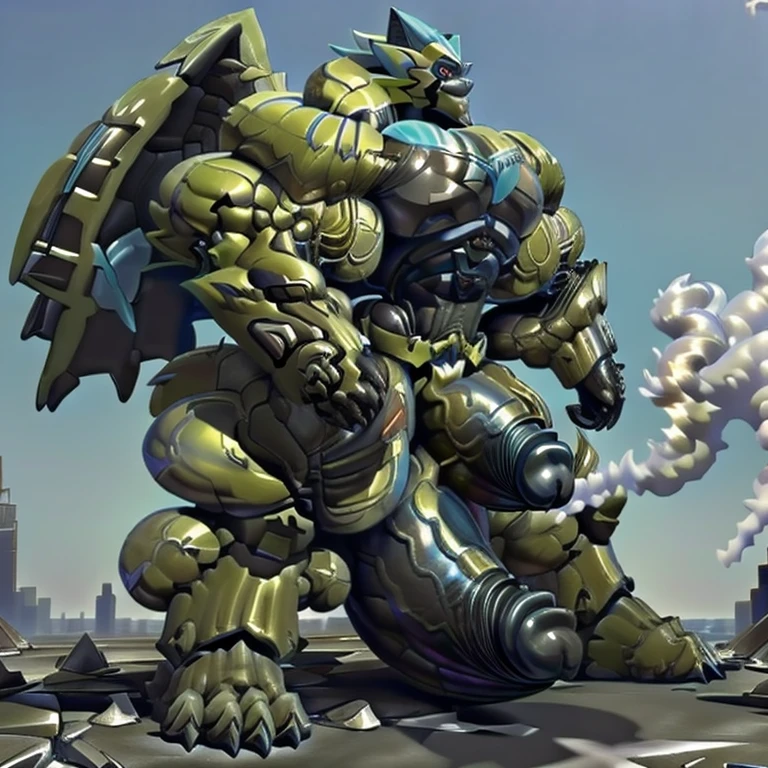 (masterpiece. official art. 8k. best quality. detailed full body. full body.)

(situation 1 : dominating zeraora. Zeraora is over 1000 meters long. giant mechanical Muscular Zeraora is trampling the city. Looking down. macro. stomp. Low-angle perspective. emphasizing the immense size.)

(situation 2 :smoke and flames rising from the destruction in the city)

(Additional details 1: wearing a full-face helmet. high-tech bio-mecha armor. real texture material. whole body shines like metal. Wearing cyberpunk mecha. emphasizes the muscles. suit fully made of metal. intricate armor. Robotic suit. suit fully made of metal. cyborg. Powered exoskeleton with the same design as Zeraora).

(Additional details 2: (gigantic muscles. HYPER MUSCLES. Gigachad Muscular. big muscle. pecs. triceps. traps. unusually developed muscular body. body full of huge muscles. showing off muscles. pectorales enormes. Exaggeratedly huge muscles.).

(Additional details 3: Spread wings. It has wings. have big wings. The claws are sharp. Sharp teeth.5 toes.).

(Additional details 4: black color hyper penis. hyper black penis. big penis)