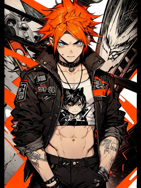 ((manga style)),Adolescent With orange hair , wearing punk Clothing ,Ripped pants , BLUE pupils
