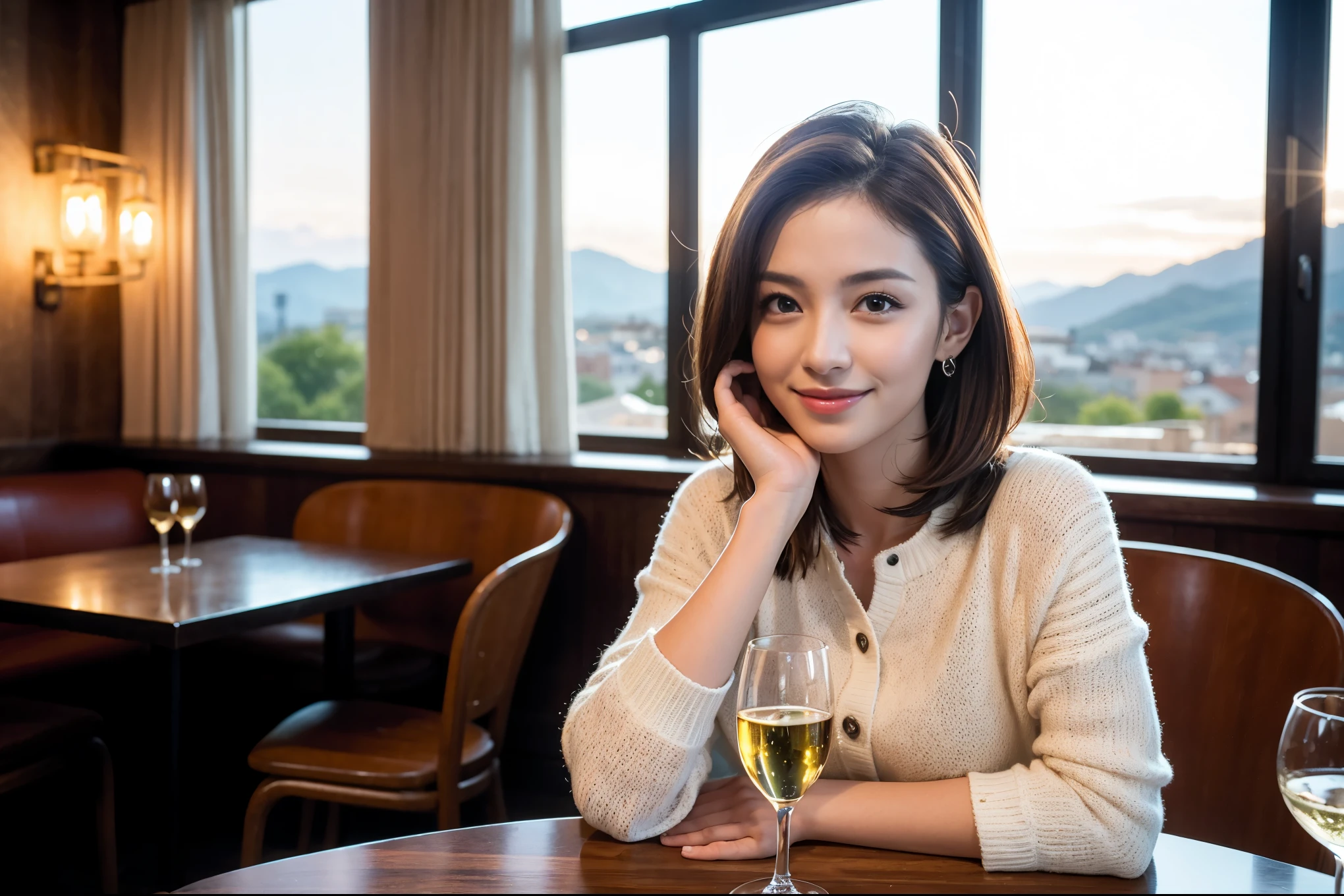 ((highest quality、8k、masterpiece:1.3))、1 male、1 female、Half Couple、Spouse、Brown Hair Couple、The body is slim、((Bob Hale、Straight hair:1.2)), (Realistic, Intricate details:1.2), Wine glass on the table、Put the light on your face、 Amazing view of the sunset sky and clouds、Amazing mountain views、A bright smile、The wonderfulness of smile、Bright image、The beauty of wine, Beautiful Face, blue eyes, The light shines on your face, Blushing, short hair,Bright Face、 (Age 37), 39 years old, red wine 、Appetizers、Italian food、Wine bottle、Champagne、sparkling wine、Two beauties、Brown Hair、Shortcuts、Long sleeve shirt、dress、Pretty Woman 1, (Slim face), (The body is slim), (Brown Hair), (Shortcuts), cheeks turn a little red,Attractive beauty、restaurant, In a prominent place (From the waist up) Nova Frog Style, actress, model, Upper Body, White wine, slim, wine glass, A wine glass placed in the center, smile, (smile: 1.15), Beautiful fine grain, Depth f/2,saturation, High Contrast, Strong light and shadow,Moist Body:1.5、3D texture、Delicate eyes、Brown Hair、The hair is very shiny、