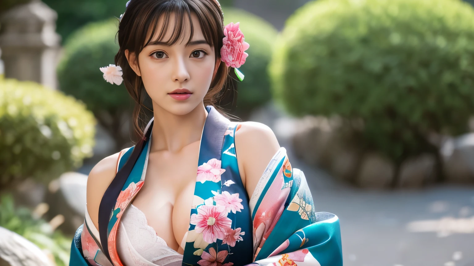 Highly detailed CG unity 8k wallpaper, with the best quality, super detailed pussy, Representative works, Reality, realistic pictures, Highly detailed cute girl, 25 years old, ((japanese, kimono, rush)) , round eyes, large breasts, hair ornaments, Are standing, Upper body
