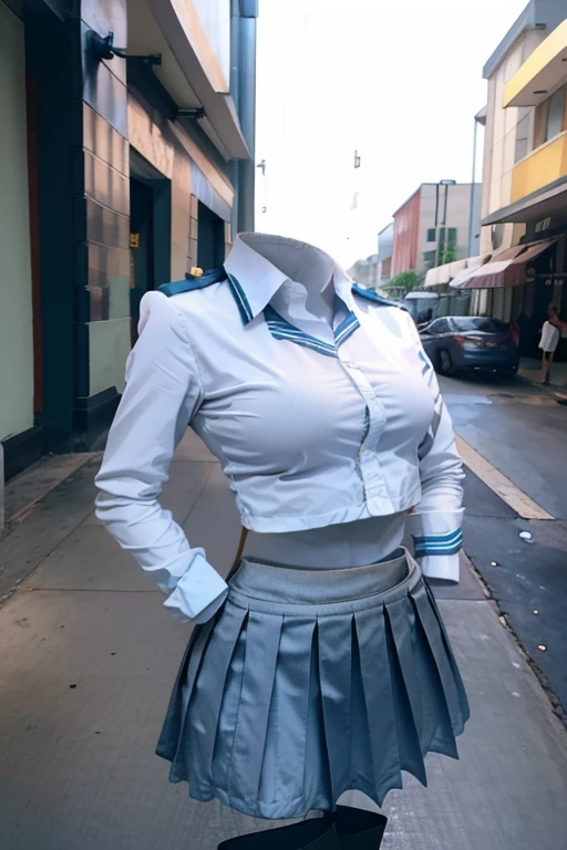 school uniforms raise their sleeves as if can not see girl wear it, school uniforms swells as if possessed by can not see girls, school uniforms have Huge breasts, (((((No humans))))), (Headless), Faceless, can not see girls, Hands on hips, (masterpiece), ((can not see)), Huge breasts, Very short skirt, whole body
