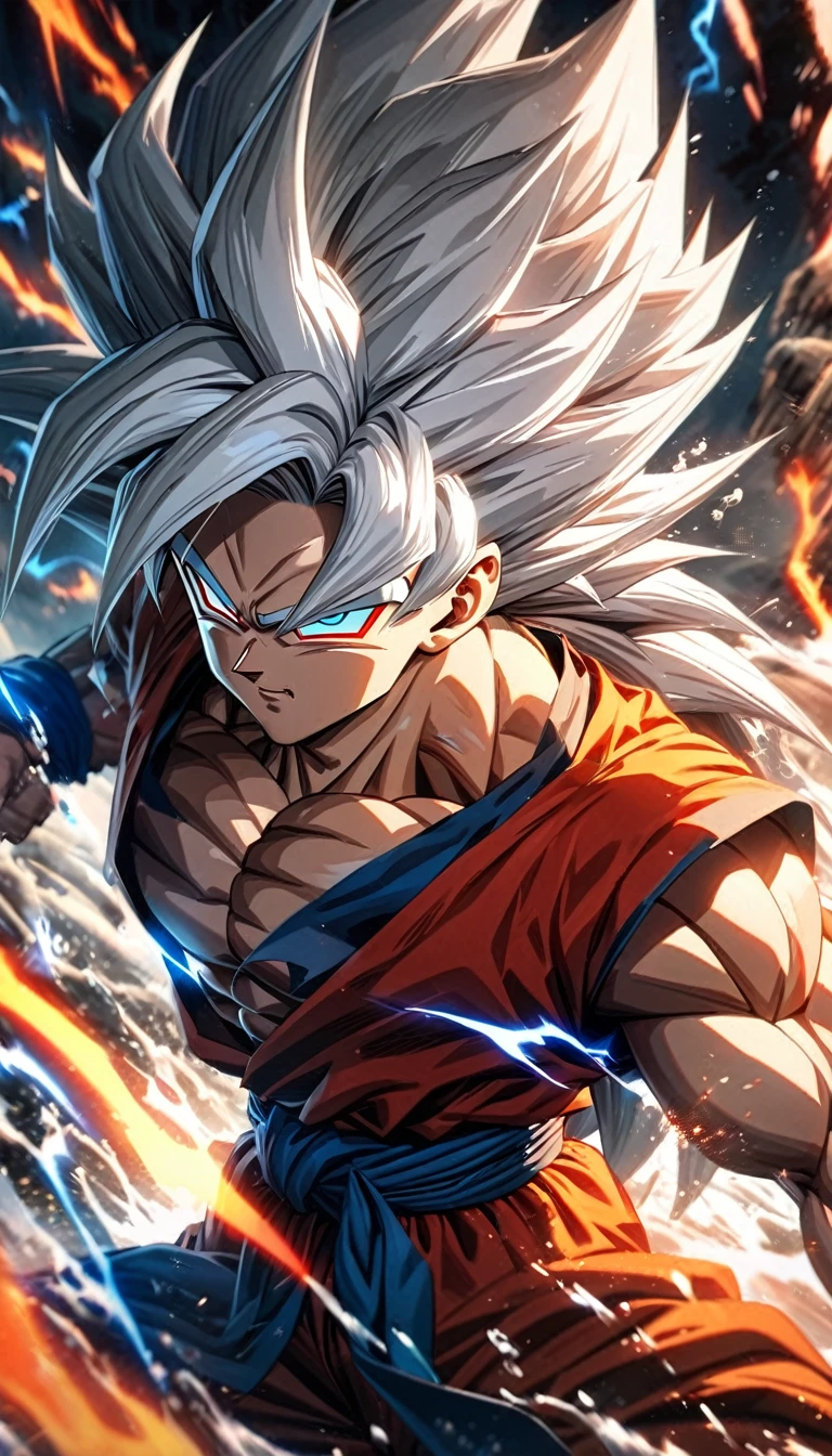 absurdres, highres, ultra detailed, HDR, masterpiece, extremely detailed face and eyes,Super Saiyan 5 Goku, Long White Hair, Dragon Ball solo, man, handsome, ,red shirt, , Epic fight scene, red and blue lightning effect, glowing glitters, full effect, full color, white water splashing effect, flames splashing effect