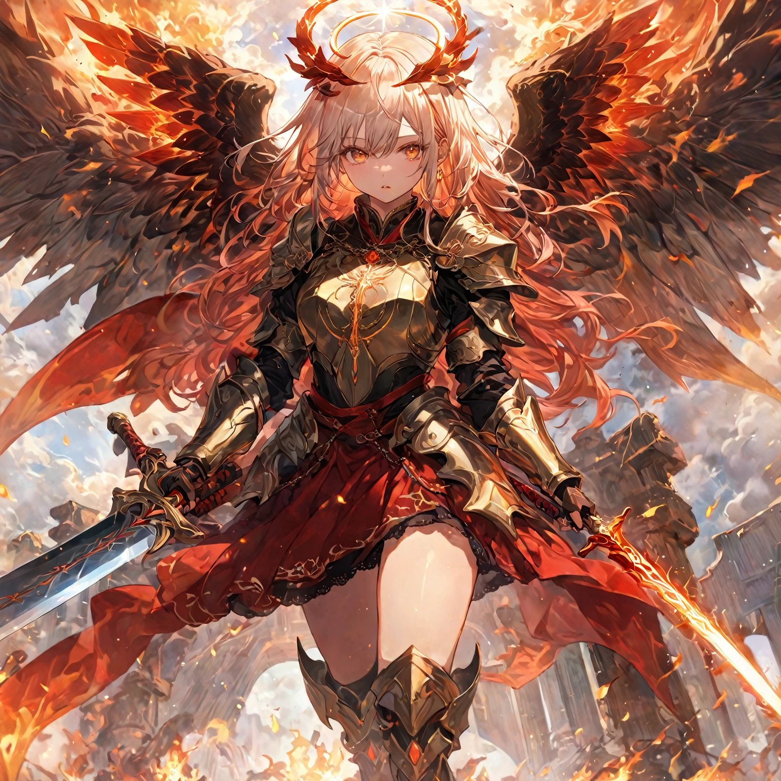 score_9, score_8_superior, score_7_superior, sauce_anime,masterpiece, highest quality, High resolution, Highly detailed CG, Absurd, One girl, A majestic angel girl、Standing with six flaming wings spread wide across his back。. She wears elaborate armor that glitters in the warm light., Mystical landscape golden light. Her dominant hand grasps the hilt of a gleaming sword, The blade is inscribed with ancient runes. Wide-reaching shots, Highlighting her commanding presence and fiery aura, Oath of Fire, red_sword, white_hair, long hair, Surround the fire, ((Hello)), ((Six Wings)), Glare,, ((Burning Heaven,Burning Clouds)),Fire element