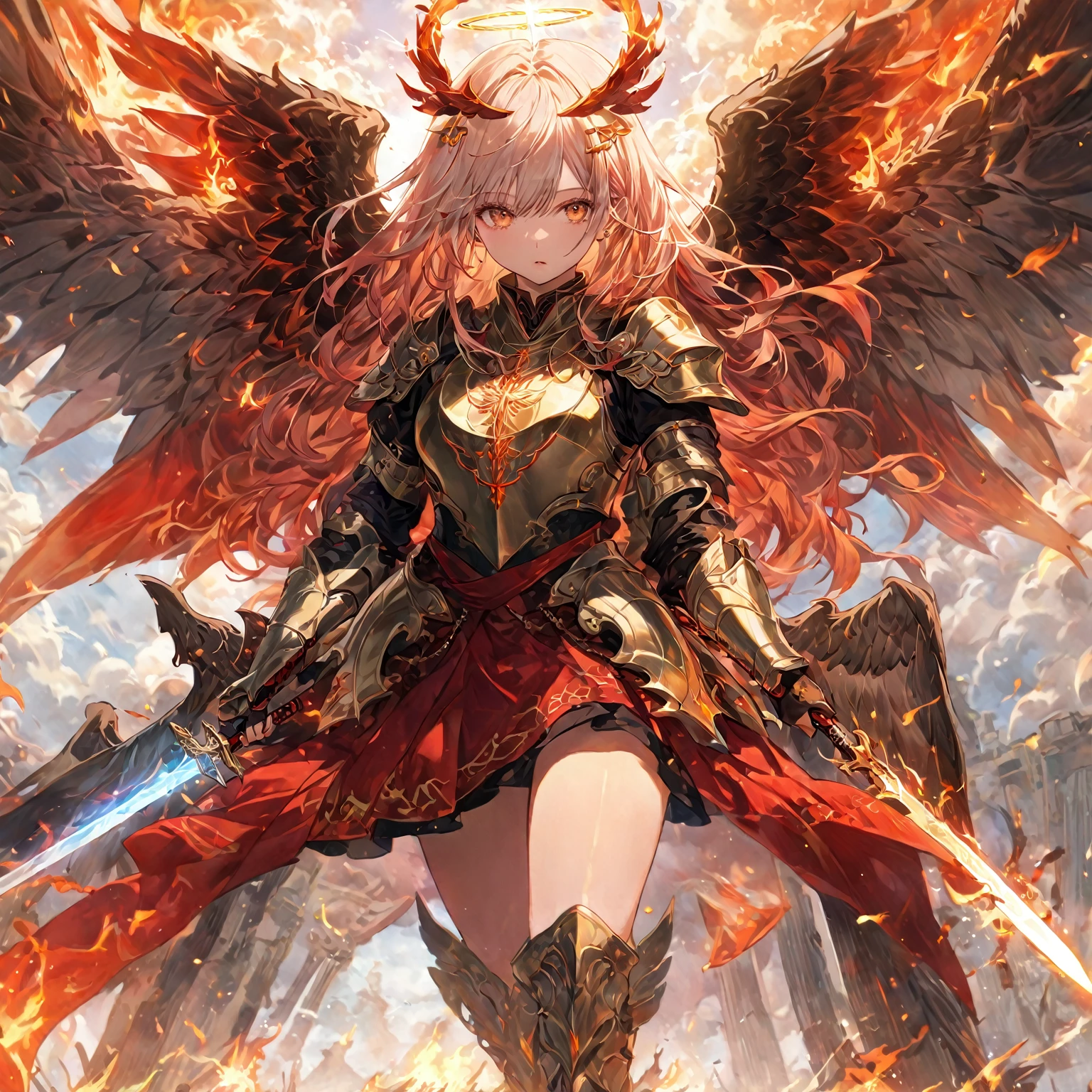 score_9, score_8_superior, score_7_superior, sauce_anime,masterpiece, highest quality, High resolution, Highly detailed CG, Absurd, One girl, A majestic angel girl、Standing with six flaming wings spread wide across his back。. She wears elaborate armor that glitters in the warm light., Mystical landscape golden light. Her dominant hand grasps the hilt of a gleaming sword, The blade is inscribed with ancient runes. Wide-reaching shots, Highlighting her commanding presence and fiery aura, Oath of Fire, red_sword, white_hair, long hair, Surround the fire, ((Hello)), ((Six Wings)), Glare,, ((Burning Heaven,Burning Clouds)),Fire element