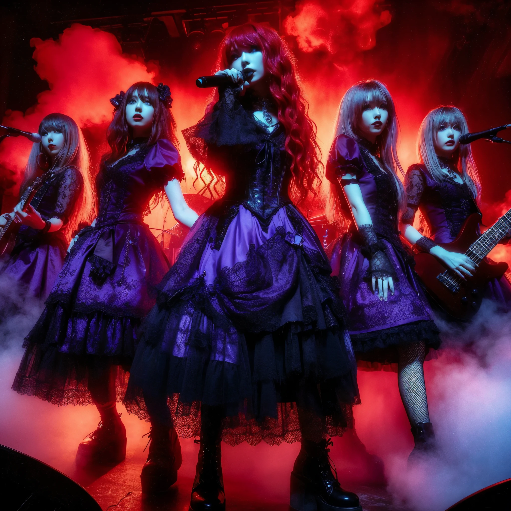 ((very sharp photo result & detailed face)) (((textile shading))) (((Best Quality))), (((masterpiece))) (((hyper realistic photo)) red-blue light mood, full band of japanese gothic style are on the stage, they have red wavy hairs, attractive on stage hold a microphone & guitar, they are wearing purple gowns black lace, net stockings & boots, at dark stage with red smoke on a night concert, dark dramatic spotlight lamp on them, taken with hasselblad camera. HDR10 8