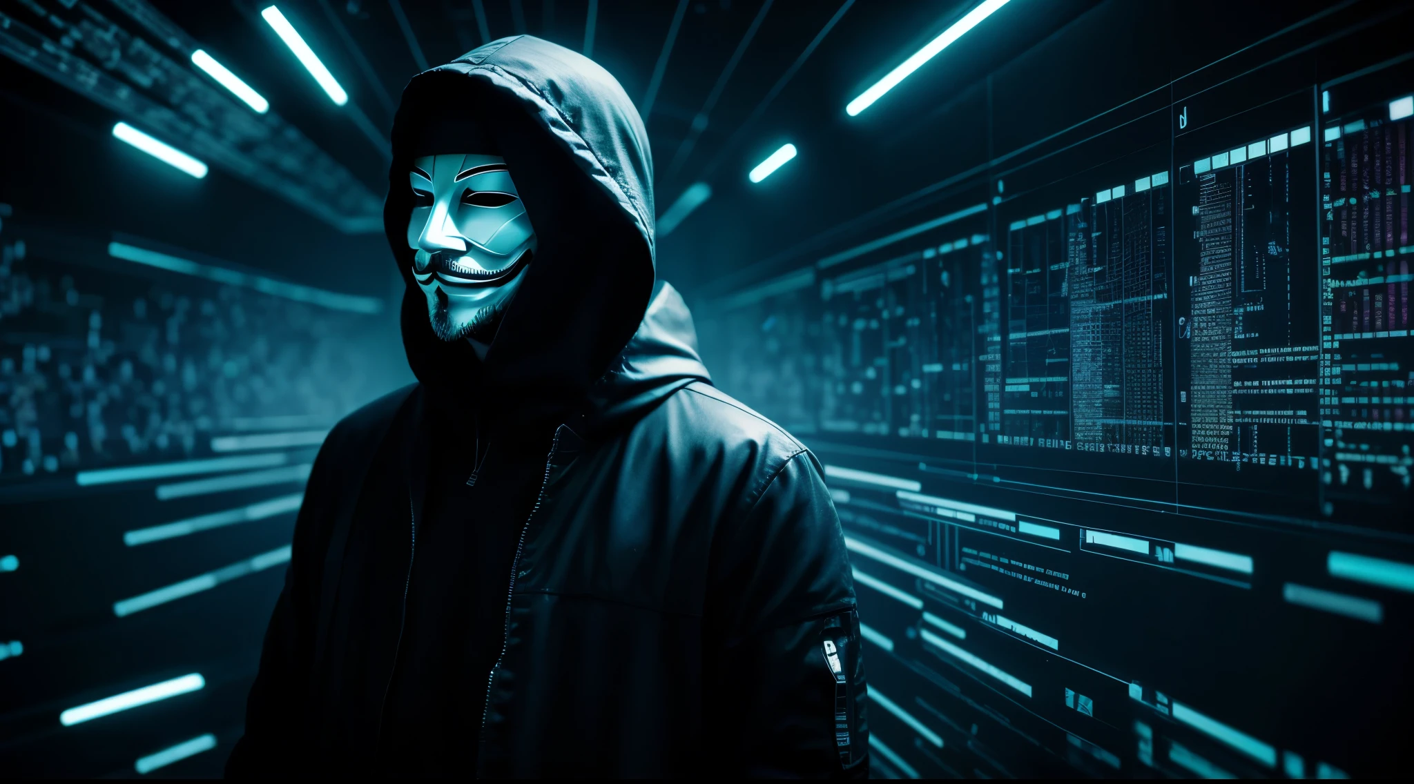 Anonymous hacker, surrounded by a network of glowing data.