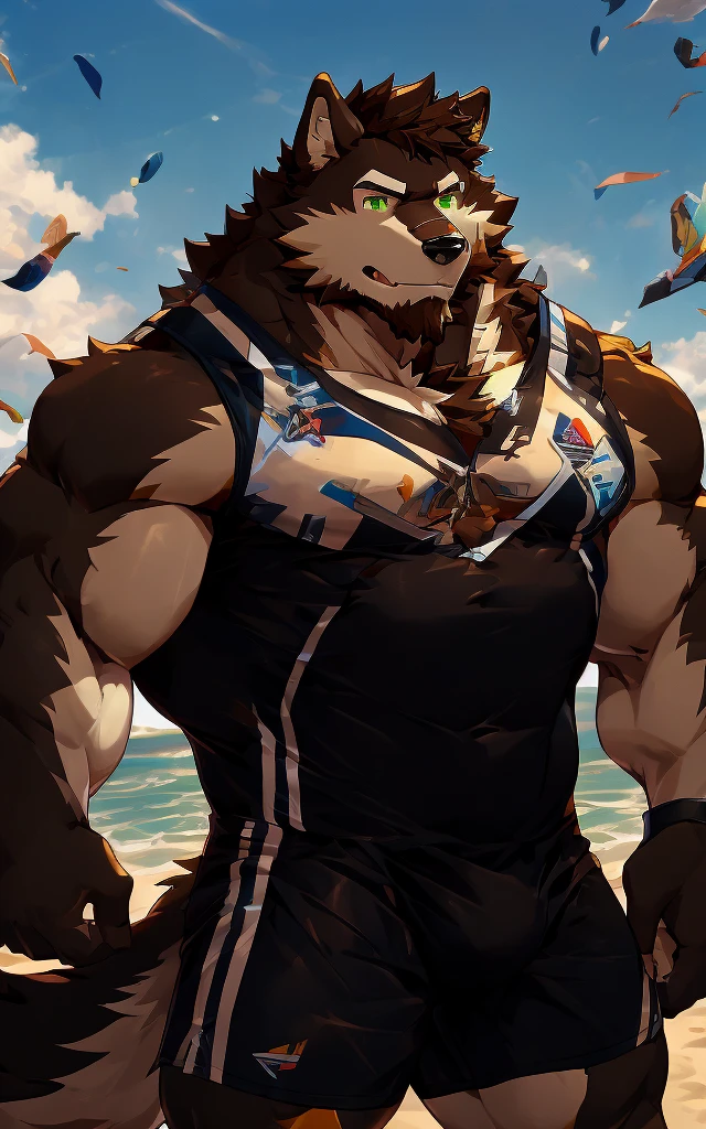 (masterpiece)，(Very detailed)，(best quality)，hairy，Wolf，fur，brown hair，Green pupils，(swimsuit)，((Express))，8K，(high quality)，(Ultra high quality)，(Super detailed)