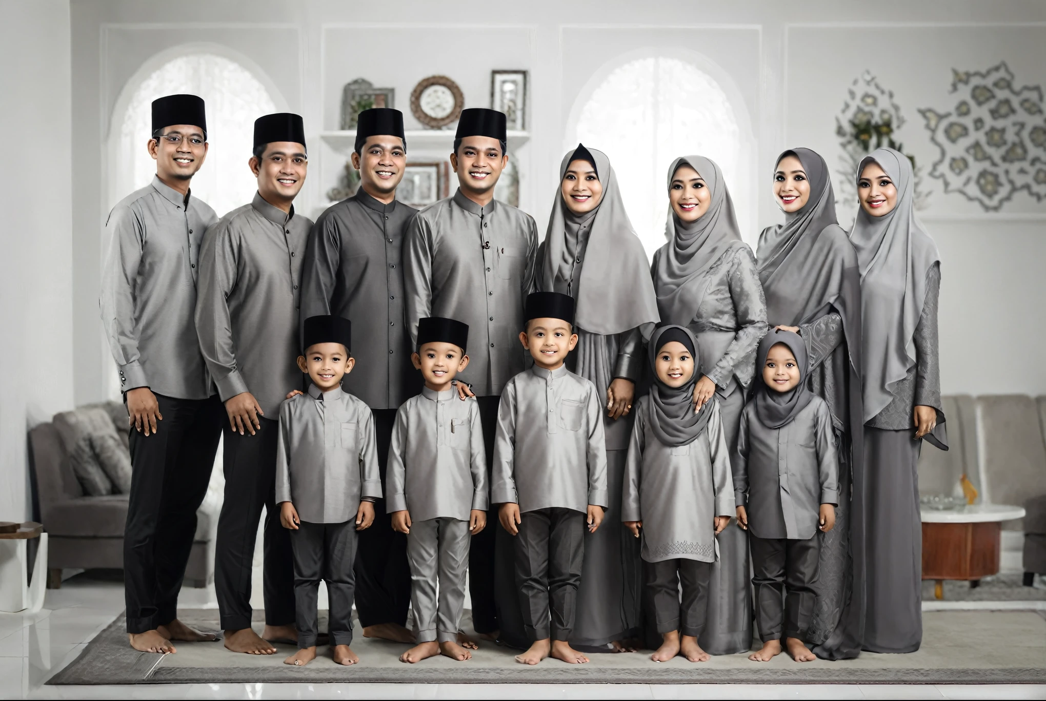 arafed family posing for a picture in a living room, barong family, an indonesian family portrait, happy family, monochrome, family portrait, monochrome:-2, family photography, modest, family, grayish, full protrait, by Basuki Abdullah, desaturated, grey, grey clothes, muslim, grey colours, traditional clothing, rengen, backdrop