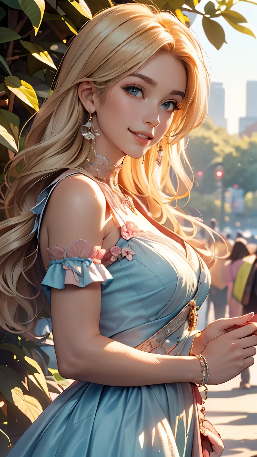 Delicate and beautiful CG art),(highest quality, Very detailed, High resolution),(Dynamic Angle, Dynamic Lighting),(One character),(Long pink and blonde hair), blue eyes, Beautiful Face), 1 girl, (Long sideburns, plant, smile, long blue dress, park, crowd