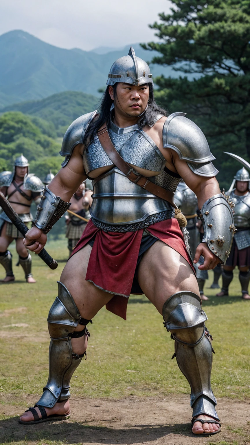 looking at me, face focus, a fat gentle barbarian, He is a Asian race, mid combat, ornately made scale mail armor, armored skirt, A battle axe in hand, legs exposed from thighs to feet, fierce, battleground background, intense battle scene, masterpiece, volumetric lighting, Dramatic, badly fitting Japanese style Loincloth, 