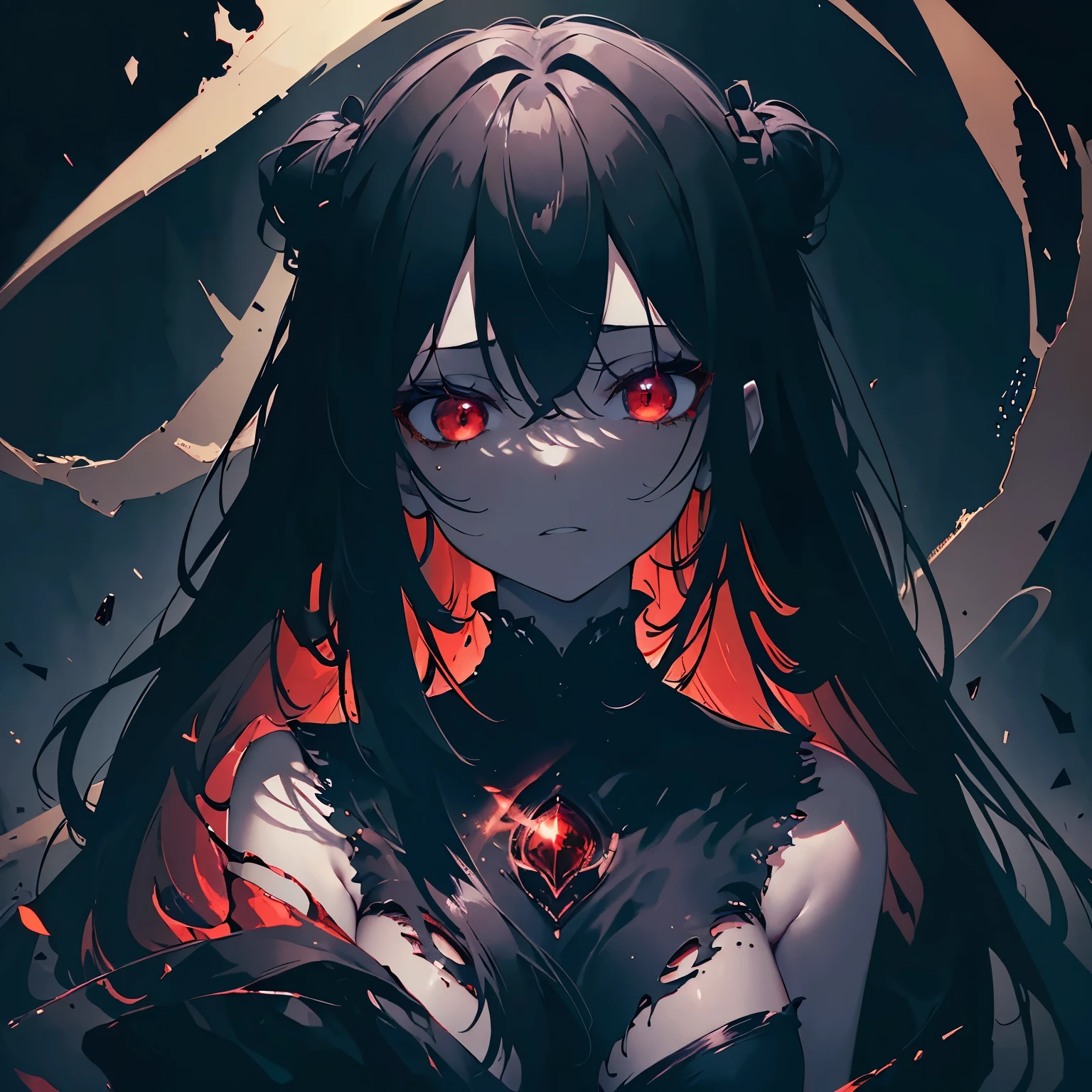 (Best quality,4K,8K,a high resolution,masterpiece:1.2), ultra detailed, realistic:1.37, long and black hair, glowing suspicious eyes, whole body in focus, Ruins in the background, Monochrome color scheme, in the dark, a girl with a dark red glow and red eyes looks straight into the camera, beautifully detailed face and facial features, wear dark clothes, surrounded by a mysterious atmosphere. close the fabric, open clothes