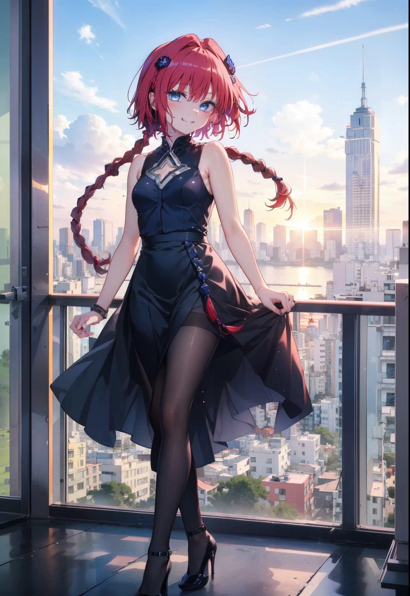 (masterpiece, highest quality:1.2),shape,8k,High resolution,kurosaki mea,Red Hair,Long Hair,Long braids,Purple eyes,1 girl,Grin,smile,Sleeveless black dress,Bare arms,black long skirt,Black pantyhose,Stiletto heels,evening,Sunset,The sun is setting,
break looking at viewer,whole body, (Cowboy Shot:1. 5)
break outdoors, Coastal Road,
break (masterpiece:1.2), highest quality, High resolution, unity 8k wallpaper, (shape:0.8), (Beautiful and beautiful eyes:1.6), Highly detailed face, Perfect lighting, Extremely detailed CG, (Perfect hands, Perfect Anatomy),