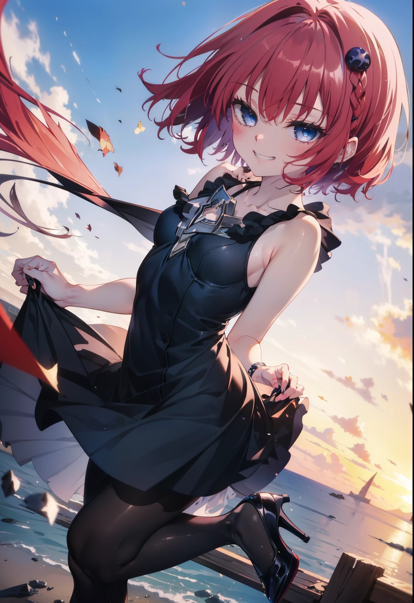 (masterpiece, highest quality:1.2),shape,8k,High resolution,kurosaki mea,Red Hair,Long Hair,Long braids,Purple eyes,1 girl,Grin,smile,Sleeveless black dress,Bare arms,black long skirt,Black pantyhose,Stiletto heels,evening,Sunset,The sun is setting,
break looking at viewer,whole body, (Cowboy Shot:1. 5)
break outdoors, Coastal Road,
break (masterpiece:1.2), highest quality, High resolution, unity 8k wallpaper, (shape:0.8), (Beautiful and beautiful eyes:1.6), Highly detailed face, Perfect lighting, Extremely detailed CG, (Perfect hands, Perfect Anatomy),