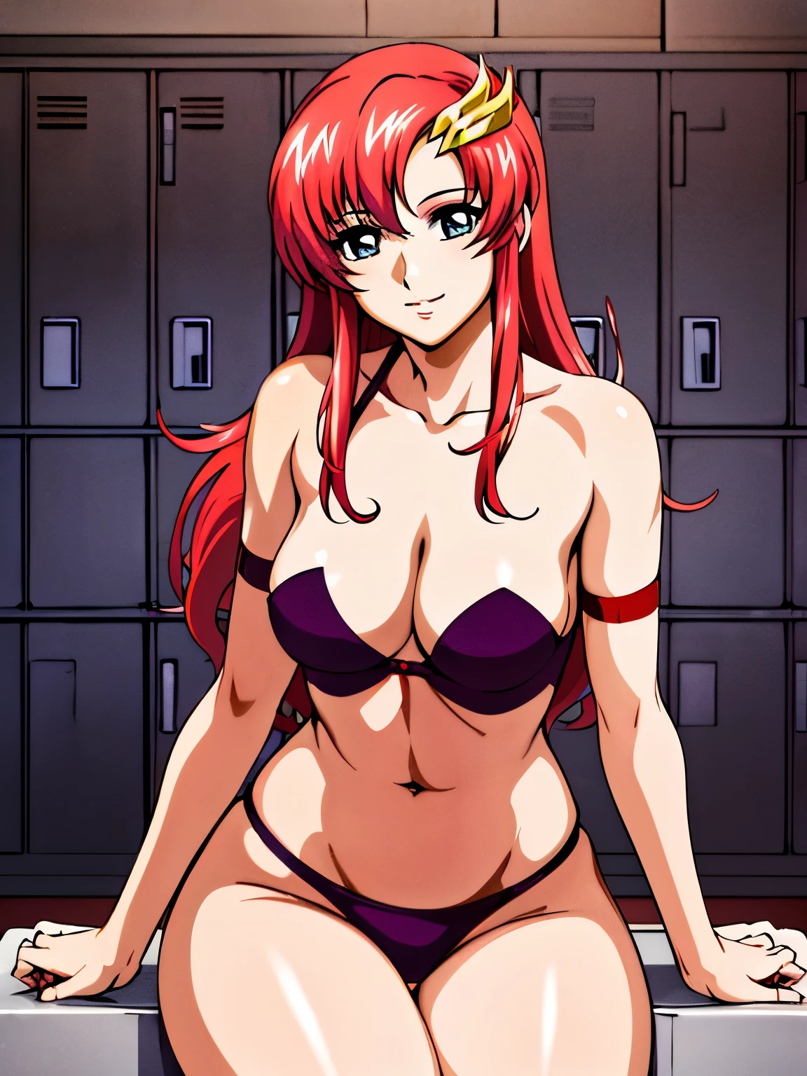 lacus4, ((naked, pussy), (pussy), thin girl, best illustration, masterpiece, cowboy shot, very slim shoulders, 4K, Best Quality, Anime style: 1.9, happy, Adult Woman, (ultra detailed head), Drawing lines, high resolution, lacus4), 1girl, Solo, curvy figure, clavicle, scapular, (Detailed wide hair bangs, Hair Ornament, Detailed reddish-pink hair, shiny streaks, slim arms, detailed golden crest), cleavage, large hands, (hair cover shoulders). (Big blue eyes, shiny eyes), ((slim arms, thighs)), ((perfect proportions, medium-small breasts, medium thighs)), ((totally red bikini top, red arm band, red arm band)), smile, (sitting at benchat locker room, hot colors), closed fists, (bare shoulders)
