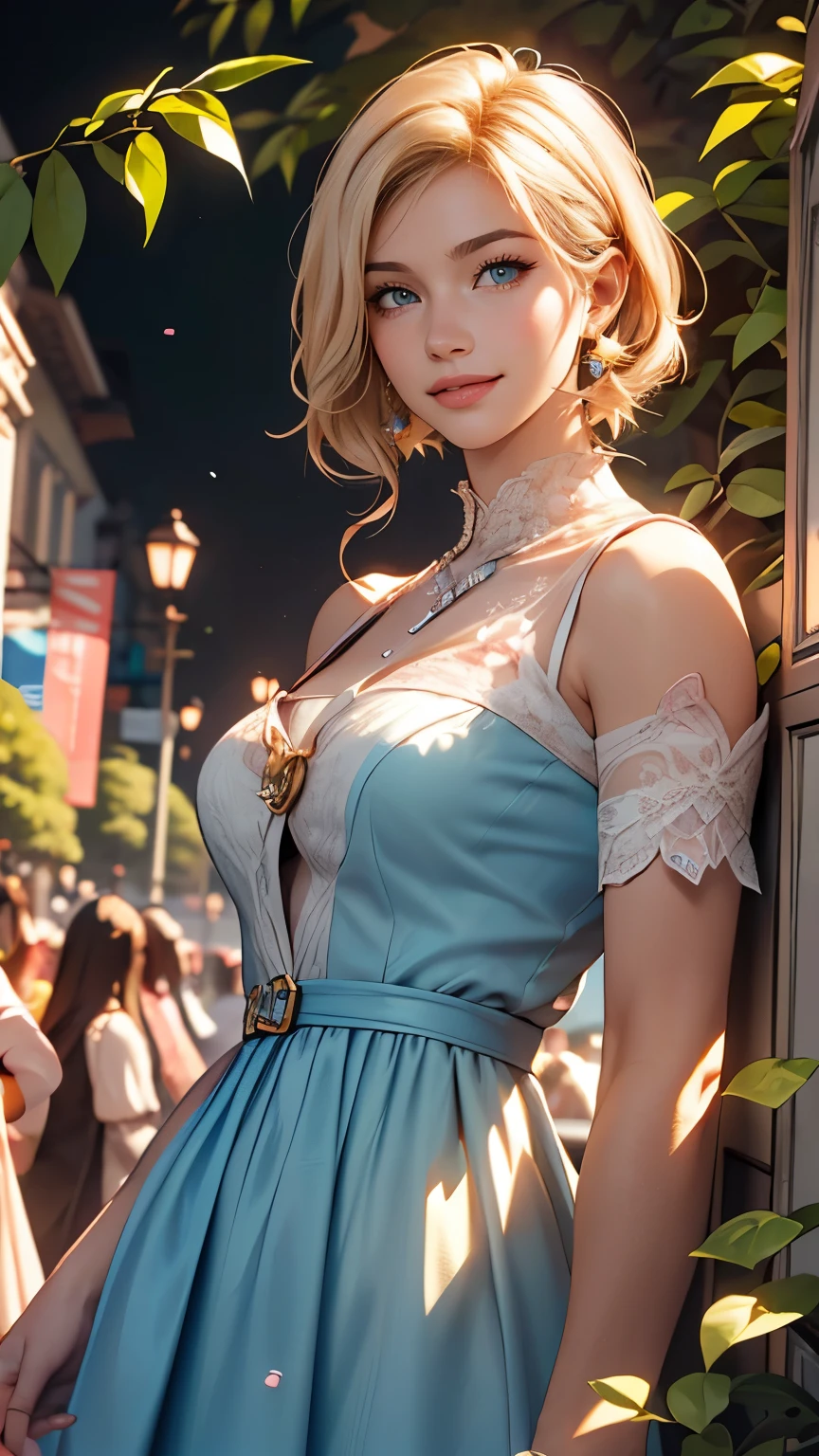 Delicate and beautiful CG art),(highest quality, Very detailed, High resolution),(Dynamic Angle, Dynamic Lighting),(One character),(Long pink and blonde hair), blue eyes, Beautiful Face), 1 girl, (Long sideburns, plant, smile, long blue dress, park, crowd