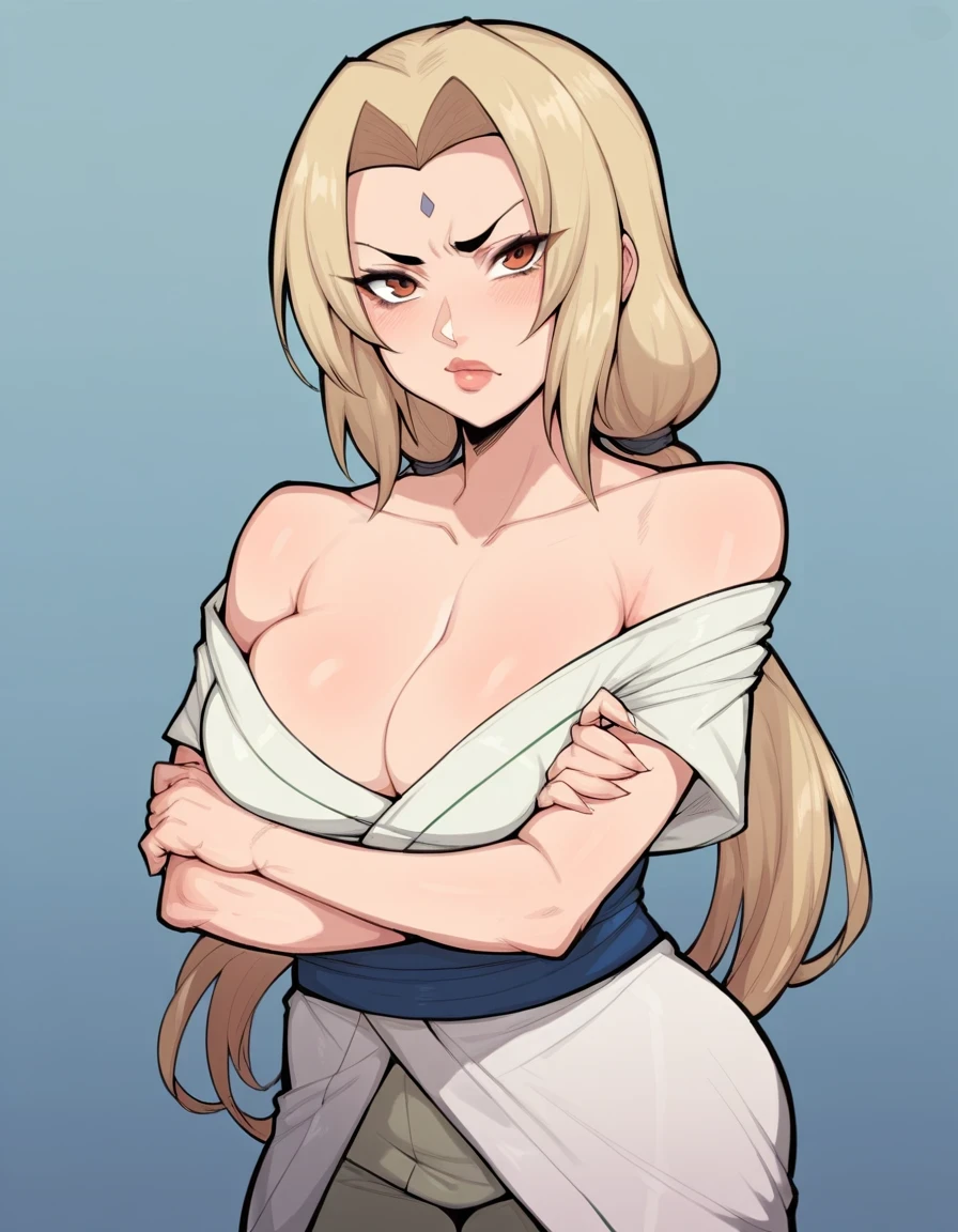 score_9, score_8_up, score_7_up, score_6_up, score_5_up, score_4_up, tsunade senju standing looking at viewer, crossed arms, pants pull, short white kimono top, cleavage, large breasts, blue sash, exposed shoulders 