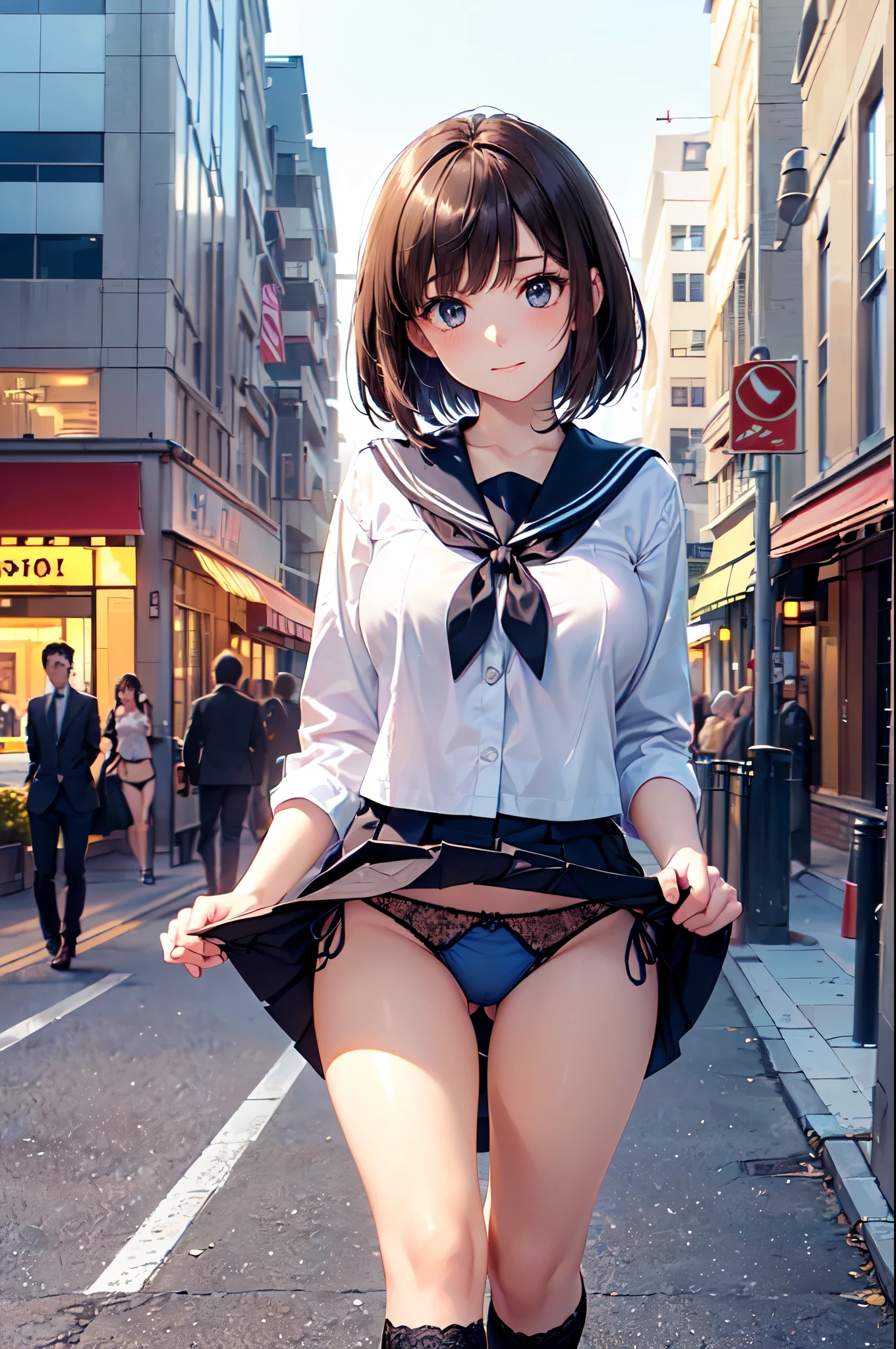(((masterpiece, highest quality, High resolution, 超High resolution, Perfect Pixel, Depth of written boundary, 4K, RTTX 10.0))), Beautiful Anime Woman, Beautiful art style, Anime characters, ((Smooth texture, Realistic texture, Anime CG Style)), Exact finger count、Exact number of legs、(Exact number of arms:1.0, Exact number of hands:1.0), (Perfect hands, Perfect Anatomy), Cinematic, Realistic, Extremely detailed CG, Daytime lighting, Perfect lighting, Best Shadow, The best natural light, whole body, Perfect body, (Slender body:1.2), ((Long Hair, bangs, Dark brown hair, Bobcut)), (Detailed face, Beautiful Face, Beautiful eyelashes), (One adult woman is walking next to me, flipping up her skirt with her hands.:1.4), (Fashionable white shirt, Sailor collar, Navy blue knee socks, loafers, Navy pleated mini skirt:1.3)、Angle from the front, ((Stylish shiny satin panties, Side-tie panties, Light blue panties, Panties with plain light blue in the center and black lace on the sides:1.3)), (Beautiful and big breasts:1.1), (Beautiful and thin thighs:1.3), Feeling embarrassed, (blush:1.2), (Very embarrassed look, A very patient expression:1.2), (City hustle and bustle, Buildings on the background, Sidewalk, Intersection in the background, Many people dressed in clothes in the background々:1.4)