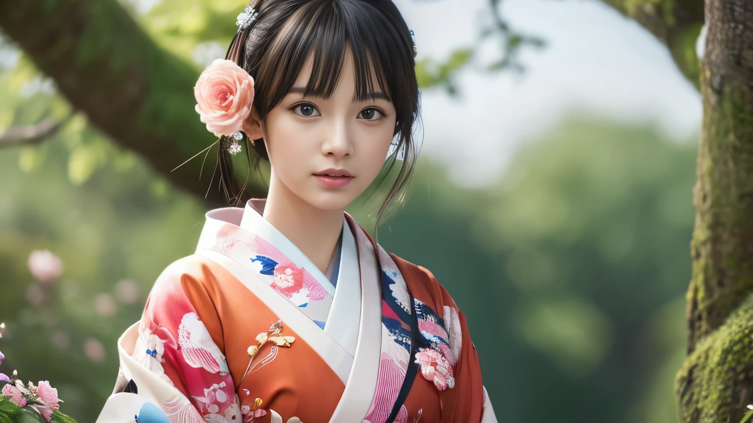 Highly detailed CG unity 8k wallpaper, with the best quality, super detailed pussy, Representative works, Reality, realistic pictures, Highly detailed cute girl, 25 years old, ((japanese, kimono, rush)) , round eyes, hair ornaments, Are standing, Upper body