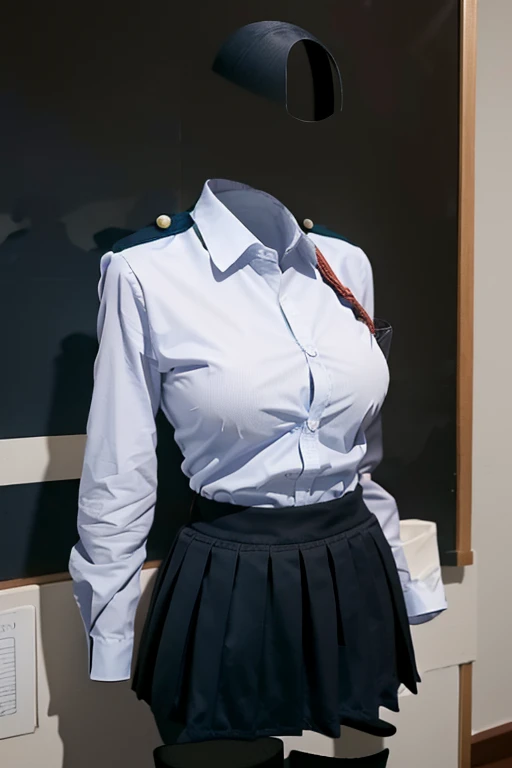 (invisible, no humans, headless, handless, faceless:1.5),cute big breasts, dynamic angle, arched back, white shirt, pleated skirt, striped necktie, collared shirt, black jacket, black skirt, long sleeves, school uniform, black socks, sarashina ruka, (close-up to breasts:1.5), best quality, high resolution, (8k, RAW photo, best quality, masterpiece:1.2), (realistic, photo-realistic:1.37), photon mapping, radiosity, ((Hasselblad photography)), physically-based rendering