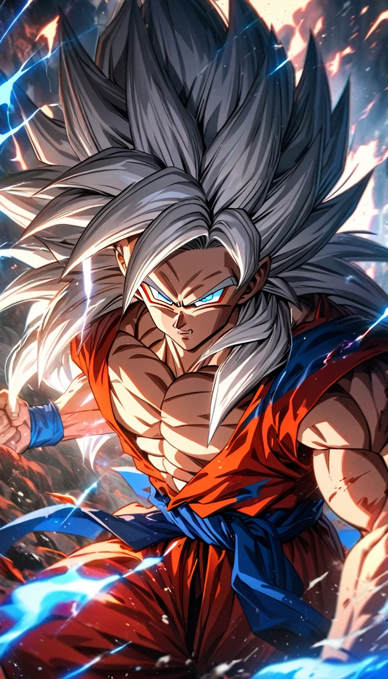 absurdres, highres, ultra detailed, HDR, masterpiece, extremely detailed face and eyes,Super Saiyan 5 Goku, Long White Hair, Dragon Ball solo, man, handsome, ,red shirt, , Epic fight scene, red and blue lightning effect, glowing glitters, full effect, full color, white ink splashing effect, lava splashing effect