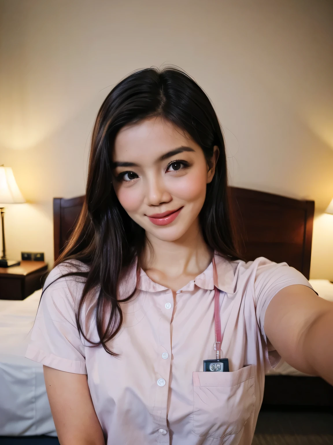 Malay women wearing sexy pink nurse outfit, portrait photography, 35 years old, mid shot photo, ultra detail, professional photograph with professional lighting, smile, five stars hotel bedroom background, sexy seducing pose, curvy,