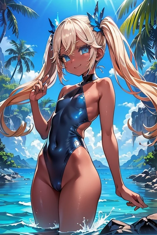 High resolution,Sharp focus,(Super detailed,Very detailed),(Very detailed CG unity 8k wallpaper),(((Vibrant colors))),{best illustration},
Iooiklas,Platinum Blonde Hair,Twin tails, hair ornaments,
Complex eyes,Beautiful fine details,Symmetrical eyes,Big eyes:1.5,Seductive eyes, (((dark skin,dark_skin,lustrous skin:1.5,bright skin: 1.5,
skin tanned, shiny skin,very shiny skin,Shiny body,plastic glitter
skin,exaggerated shiny skin,illuminated skin))),
(Detailed body),(Detailed face)), cute,Lewd,erotic,Bold,Camel Toe,
small breasts,Revealing clothing,show skin, Black see-through high leg one piece swimsuit, smile, Open your mouth,wet skin, (Flying debris, 超High resolution),Wear an iridescent aura,
Invisible Light, Amazing shine, Neon orange glow, The colors of another world,Bright colors, Ghostly Effects, ((swimming in the sea)), swim,Look Up,
Cumulonimbus, Surrounded by water, reflection,Breathtakingly beautiful clouds,Light,Dazzling Light,Cinematic Light.Coconut Tree, Marine blue sea,White sand beach,
