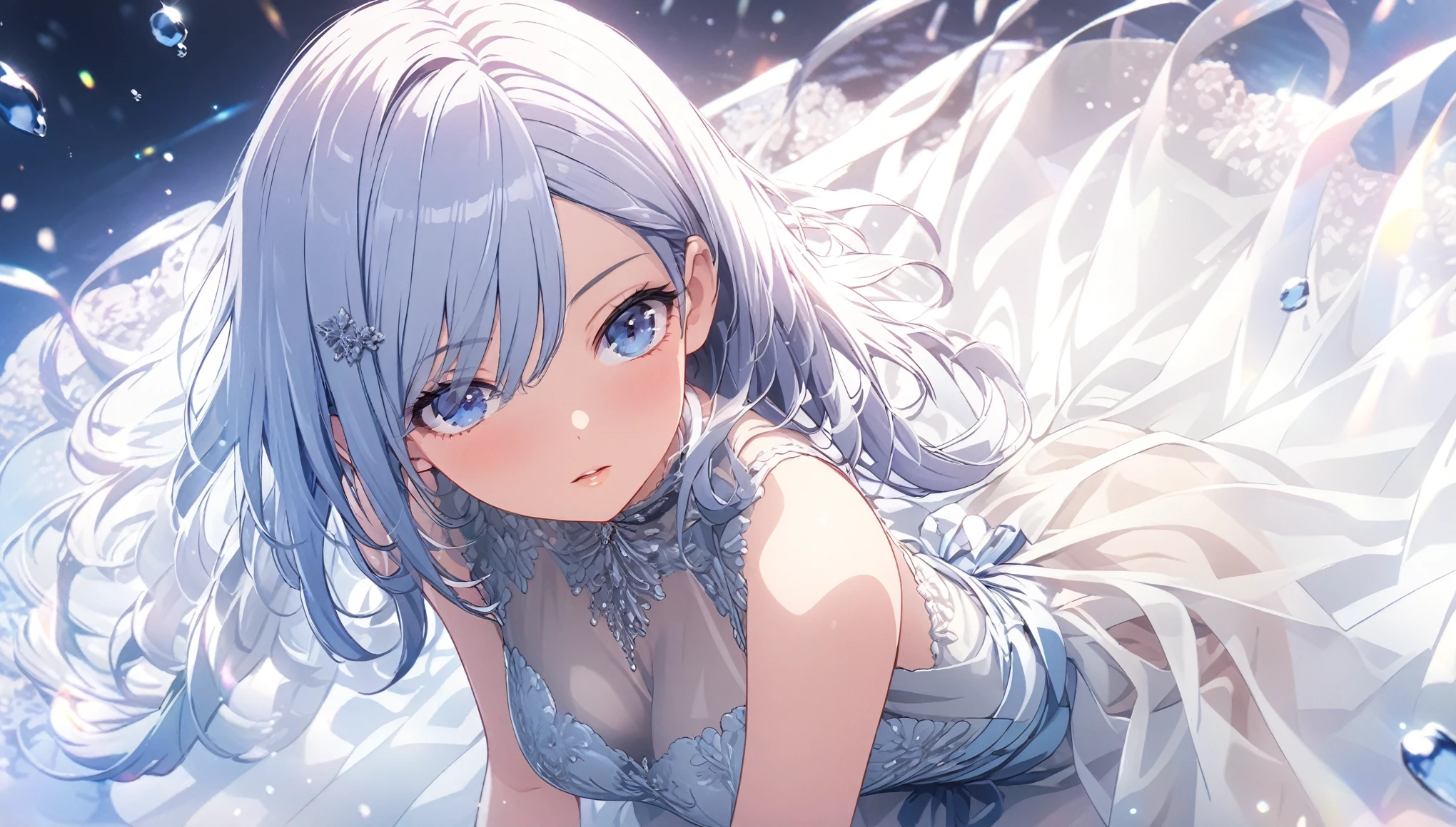 Elegant adult women, looking into distance, blue eyes, Long hair, side swept bangs, Sheer dress, see through dress, 4K resolution, High quality CG, fair
