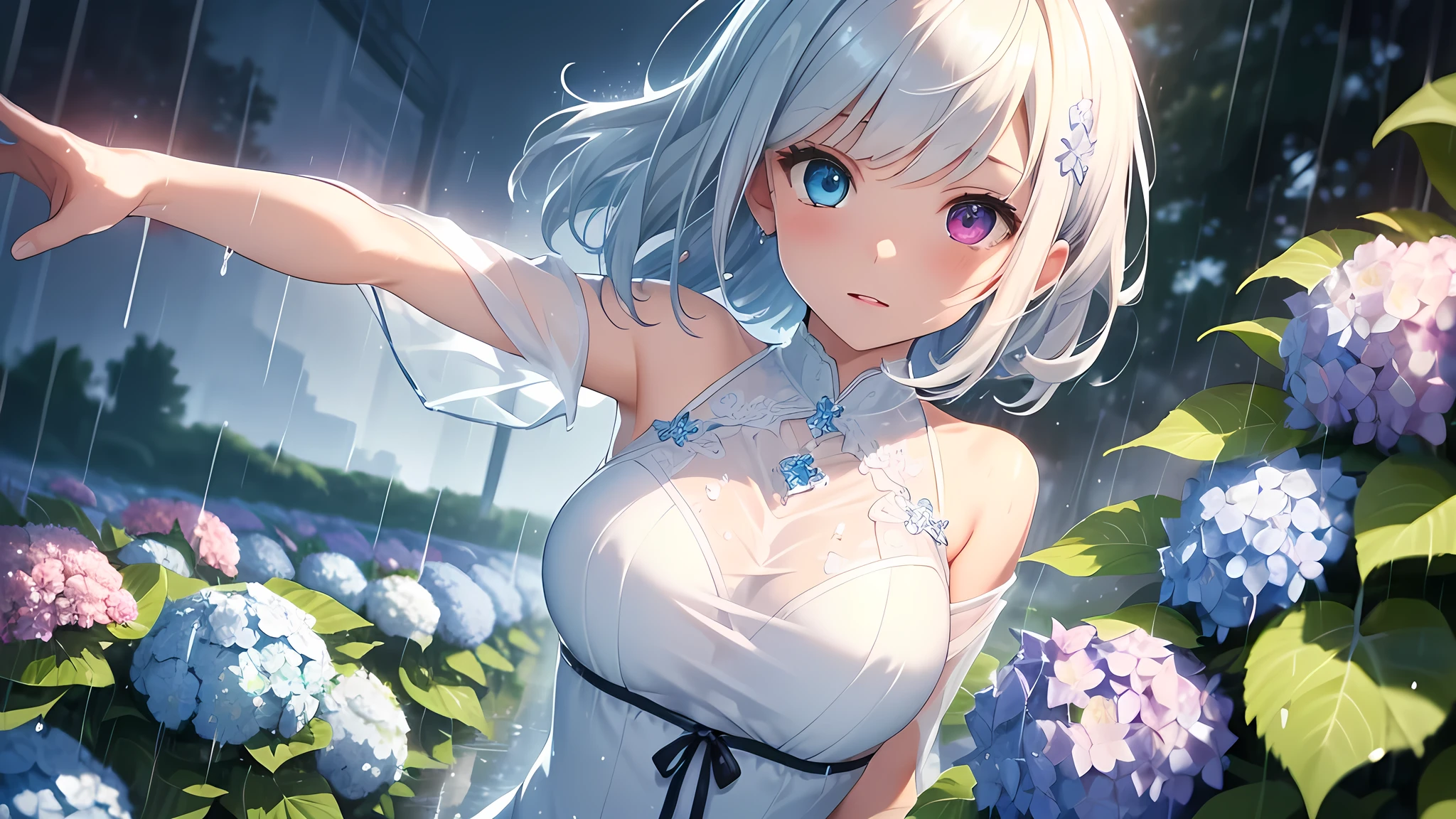 Best quality、Photorealistic、Ultra-detailed、delicate、Orderly、High Detail、Bluish Silver Short Bob、(Drooping heterochromia iris,glowing eyes:1.2)、slender、(One girl:1.2)、(Hydrangea fields、In the rain、wet、 Dynamic angle、Girl spinning around with arms outstretched:1.3)、,Ambient Occlusion、Ambient Light、Ray-traced Reflections、Glow、Shiny Hair、