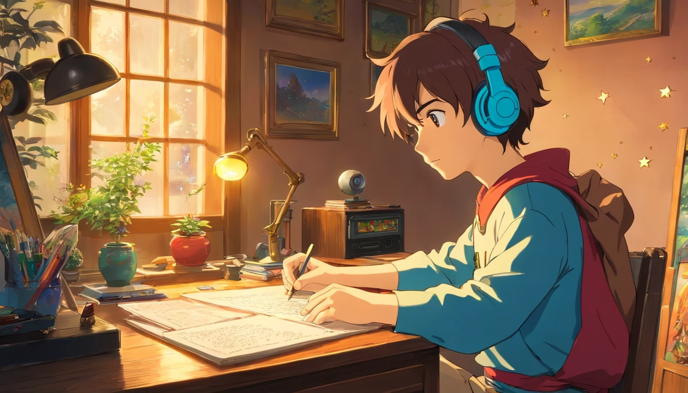 (masterpiece) a boy 18years old (male) studying sitting in his room, over his desk, with headphones on, video game and joystick over the desk, nerd decoration, video game on the wall, posters, window showing the moon and stars, calm, peacefull, thinking, Cinematic, Color grading, beautifully color-coded,