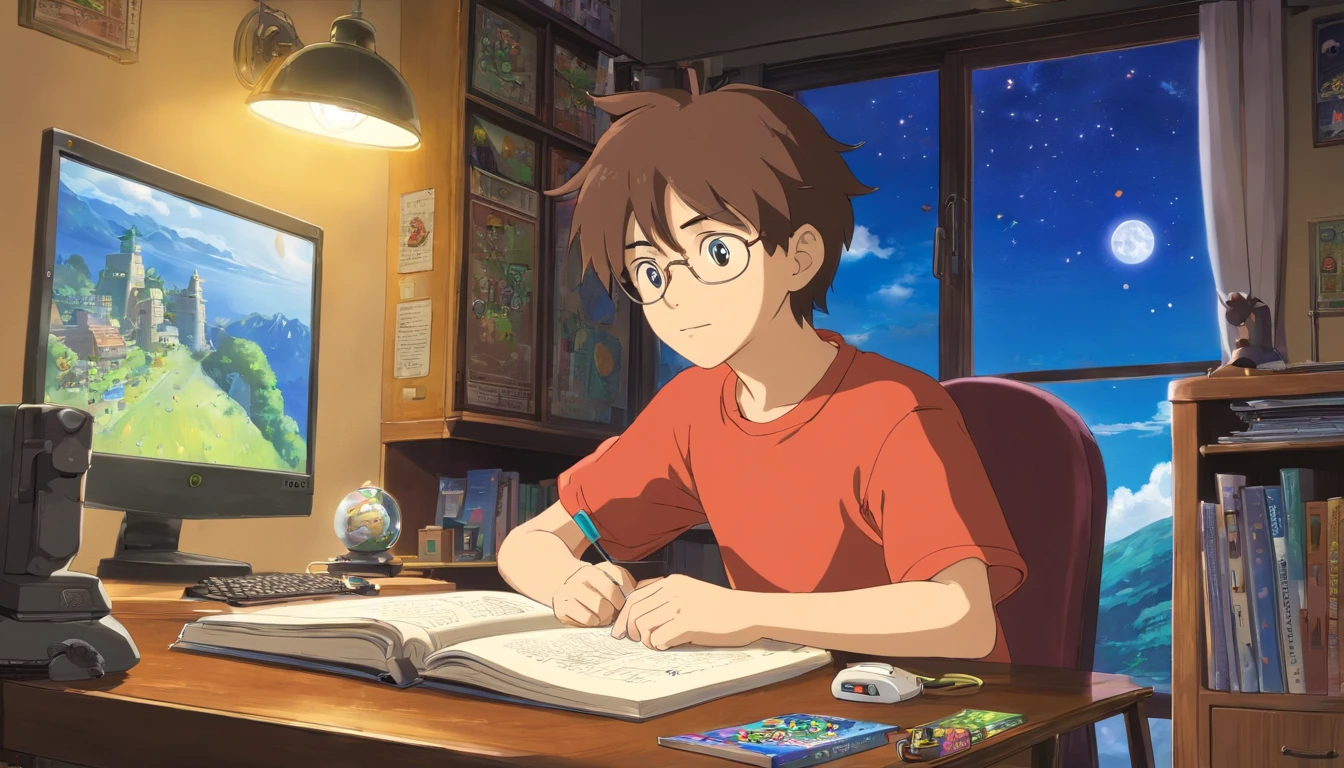 (masterpiece) a boy 18years old (male) studying sitting in his room, over his desk, with headphones on, video game and joystick over the desk, nerd decoration, video game on the wall, posters, window showing the moon and stars, calm, peacefull, thinking, Cinematic, Color grading, beautifully color-coded,