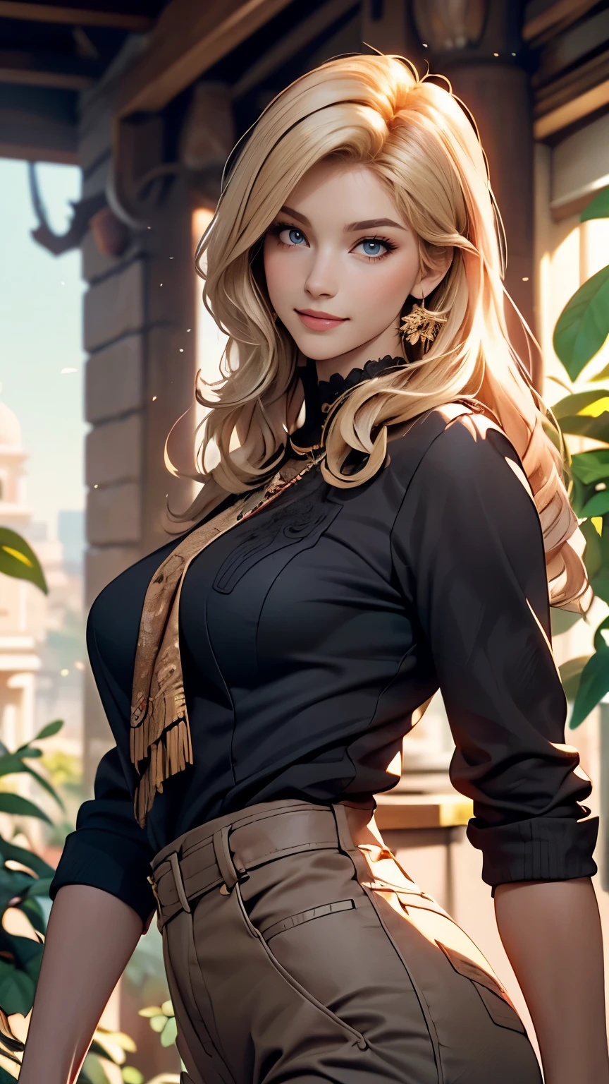 Delicate and beautiful CG art),(highest quality, Very detailed, High resolution),(Dynamic Angle, Dynamic Lighting),(One character),(Long pink and blonde hair), blue eyes, Beautiful Face), 1 girl, (Long sideburns, plant, smile, wear Classic jodhpurs, stable, smooth hand