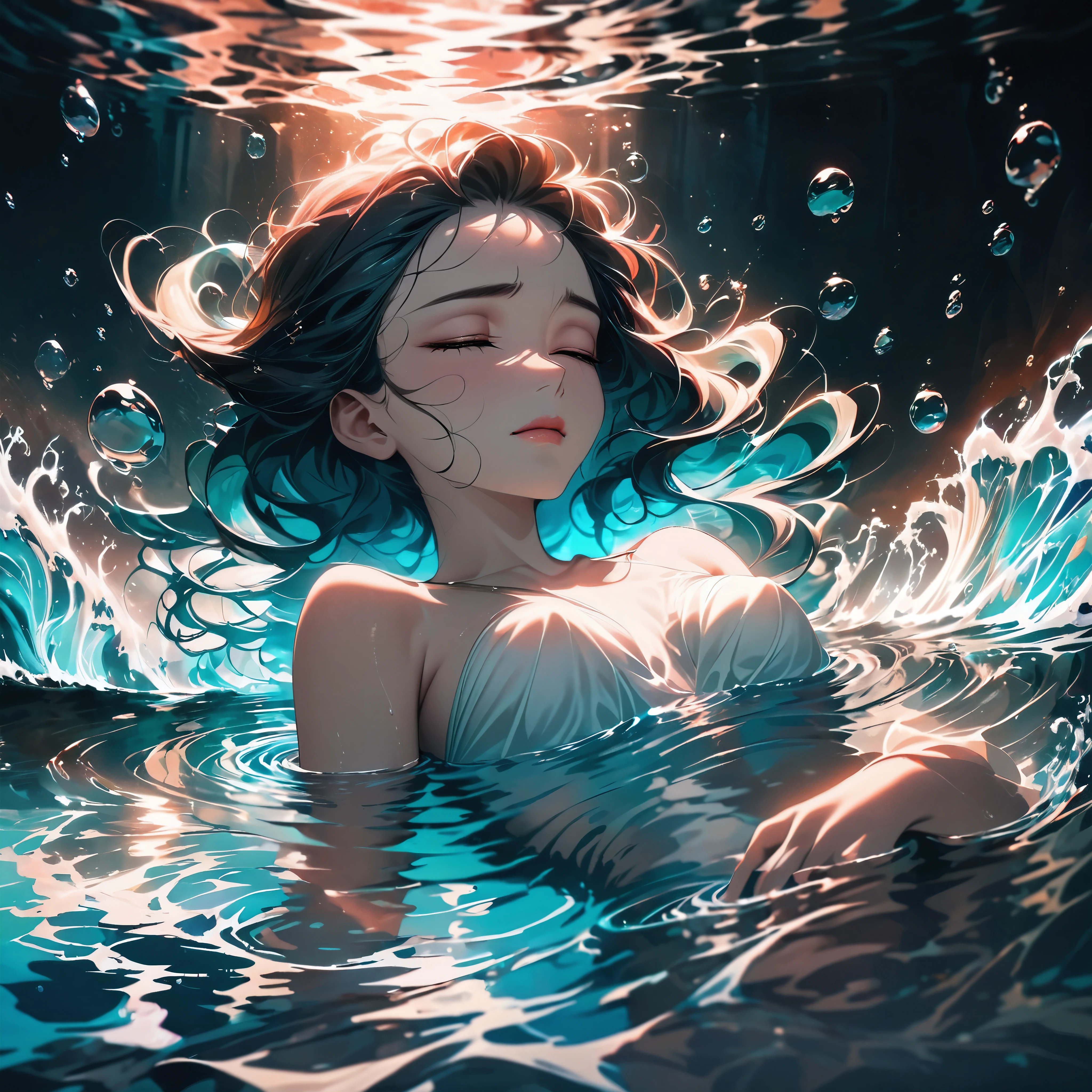 ((User profile picture)), (Solo), (small breast), (Dramatic angle), Aesthetic, Convoluted, Awarded, chiaroscuro, Best Quality, Detailed background, (sadness atmosphere:1.1), Her head, submerged, floating, (hair fanned out, eyes closed, tranquil face, serene expression), lips slightly parted, skin pale, (white dress billowing, fabric rippling, water embracing, sinking, silent struggle), bubbles escaping, serene surrender, water's caress, depth's pull, peaceful descent, ethereal beauty, tragic stillness, water's mirror, reflection distorted, life's end, beauty's last dance.