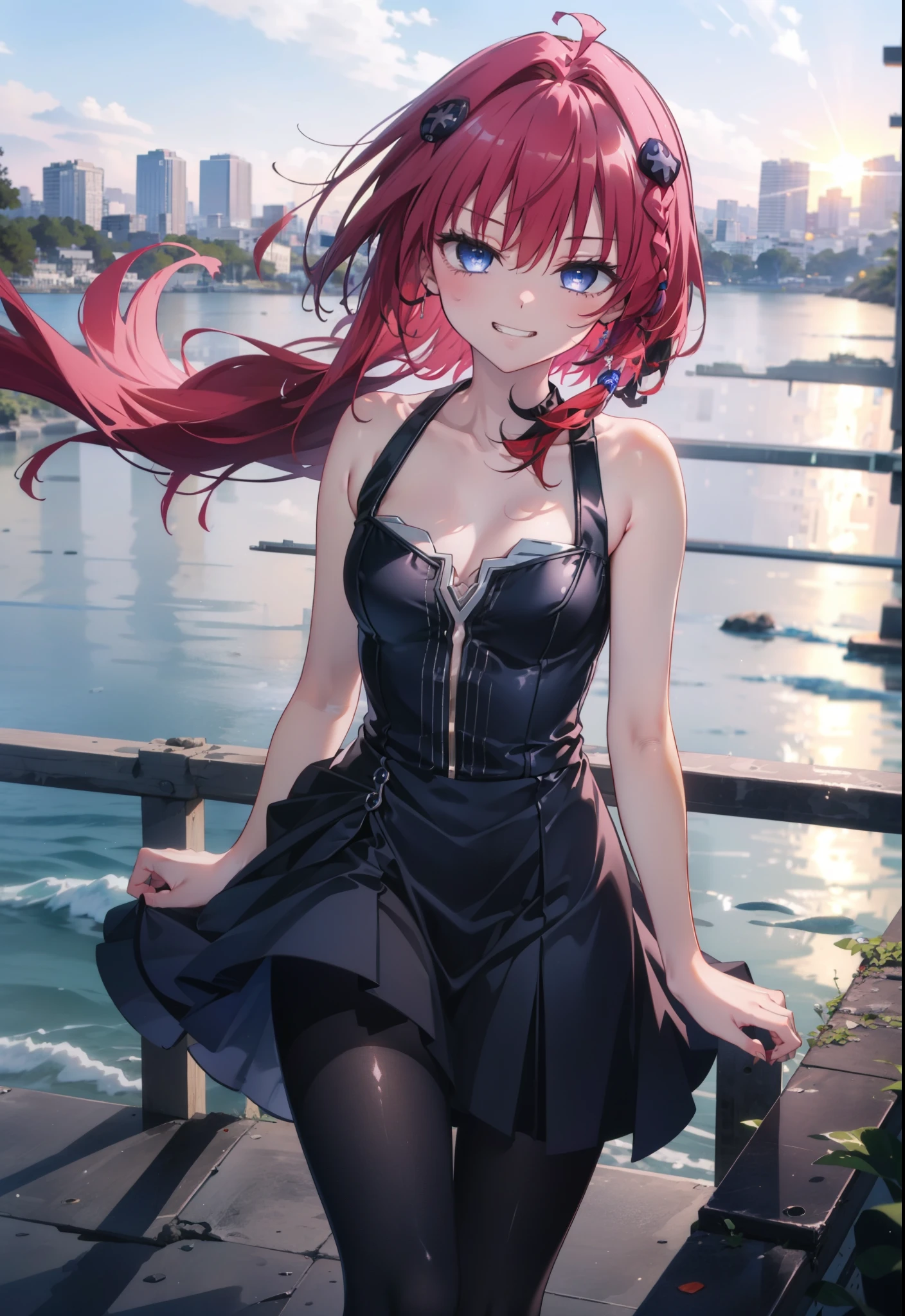 (masterpiece, highest quality:1.2),shape,8k,High resolution,kurosaki mea,Red Hair,Long Hair,Long braids,Purple eyes,1 girl,Grin,smile,Sleeveless black dress,Bare arms,black long skirt,Black pantyhose,Stiletto heels,evening,Sunset,The sun is setting,
break looking at viewer,whole body, (Cowboy Shot:1. 5)
break outdoors, Coastal Road,
break (masterpiece:1.2), highest quality, High resolution, unity 8k wallpaper, (shape:0.8), (Beautiful and beautiful eyes:1.6), Highly detailed face, Perfect lighting, Extremely detailed CG, (Perfect hands, Perfect Anatomy),