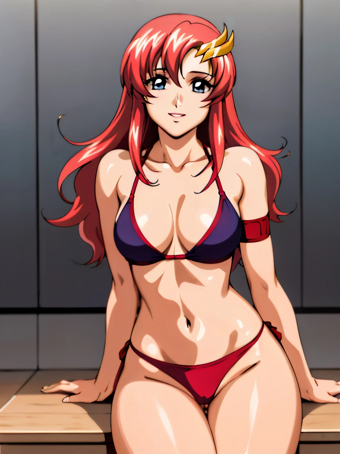 lacus4, ((naked), (topless, nipples), thin girl, best illustration, masterpiece, cowboy shot, very slim shoulders, 4K, Best Quality, Anime style: 1.9, happy, Adult Woman, (ultra detailed head), Drawing lines, high resolution, lacus4), 1girl, Solo, curvy figure, clavicle, scapular, (Detailed wide hair bangs, Hair Ornament, Detailed reddish-pink hair, shiny streaks, slim arms, detailed golden crest), large hands, (hair cover shoulders). (Big blue eyes, shiny eyes), ((slim arms, thighs)), ((perfect proportions, medium thighs, medium-small breasts)), ((red bikini top, red bikini top, red arm band, red arm band)), smile, (sitting on bench at locker room, flexing arms, hot colors), closed fists, (bare shoulders)
