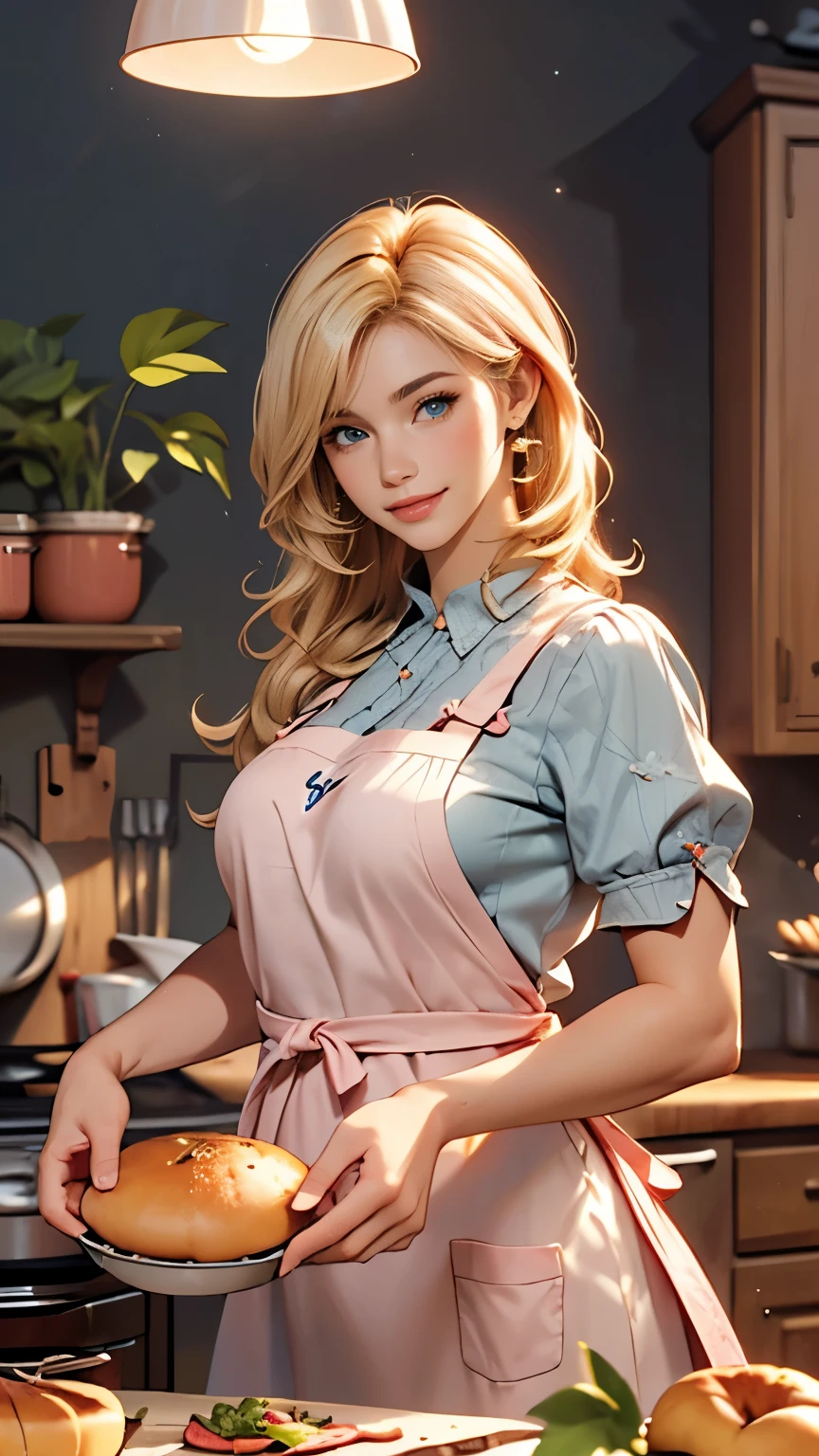 Delicate and beautiful CG art),(highest quality, Very detailed, High resolution),(Dynamic Angle, Dynamic Lighting),(One character),(Long pink and blonde hair), blue eyes, Beautiful Face), 1 girl, (Long sideburns, plant, smile, long blue dress, kitchen, cooking, food