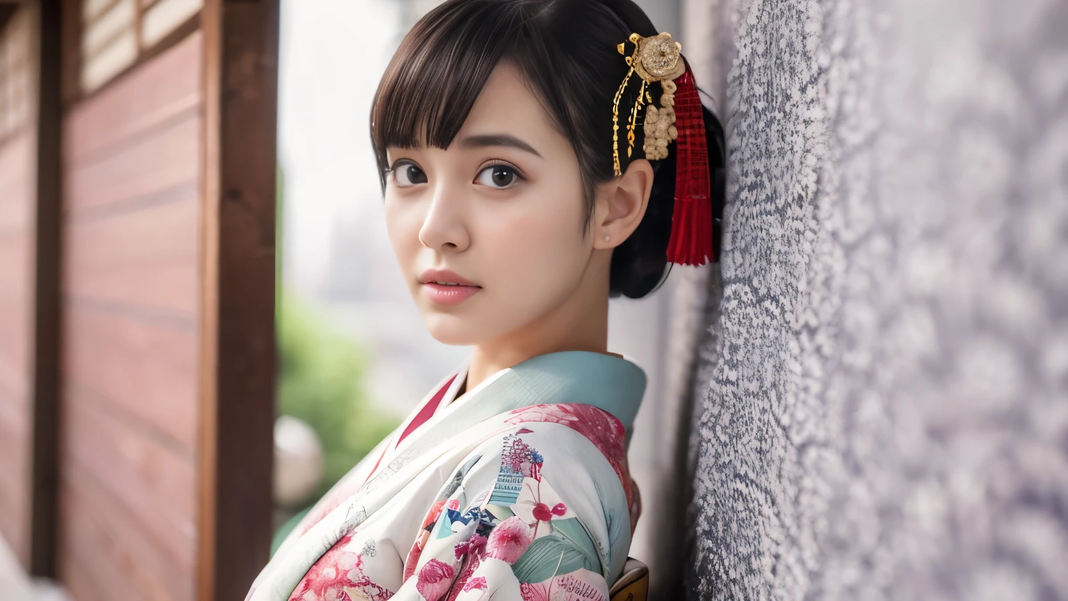 Highly detailed 8k wallpaper, with the best quality, super detailed pussy, Representative works, Reality, realistic pictures, Highly detailed cute girl, 25 years old, ((japanese, kimono, rush)) , round eyes, hair ornaments, Are standing, Upper body