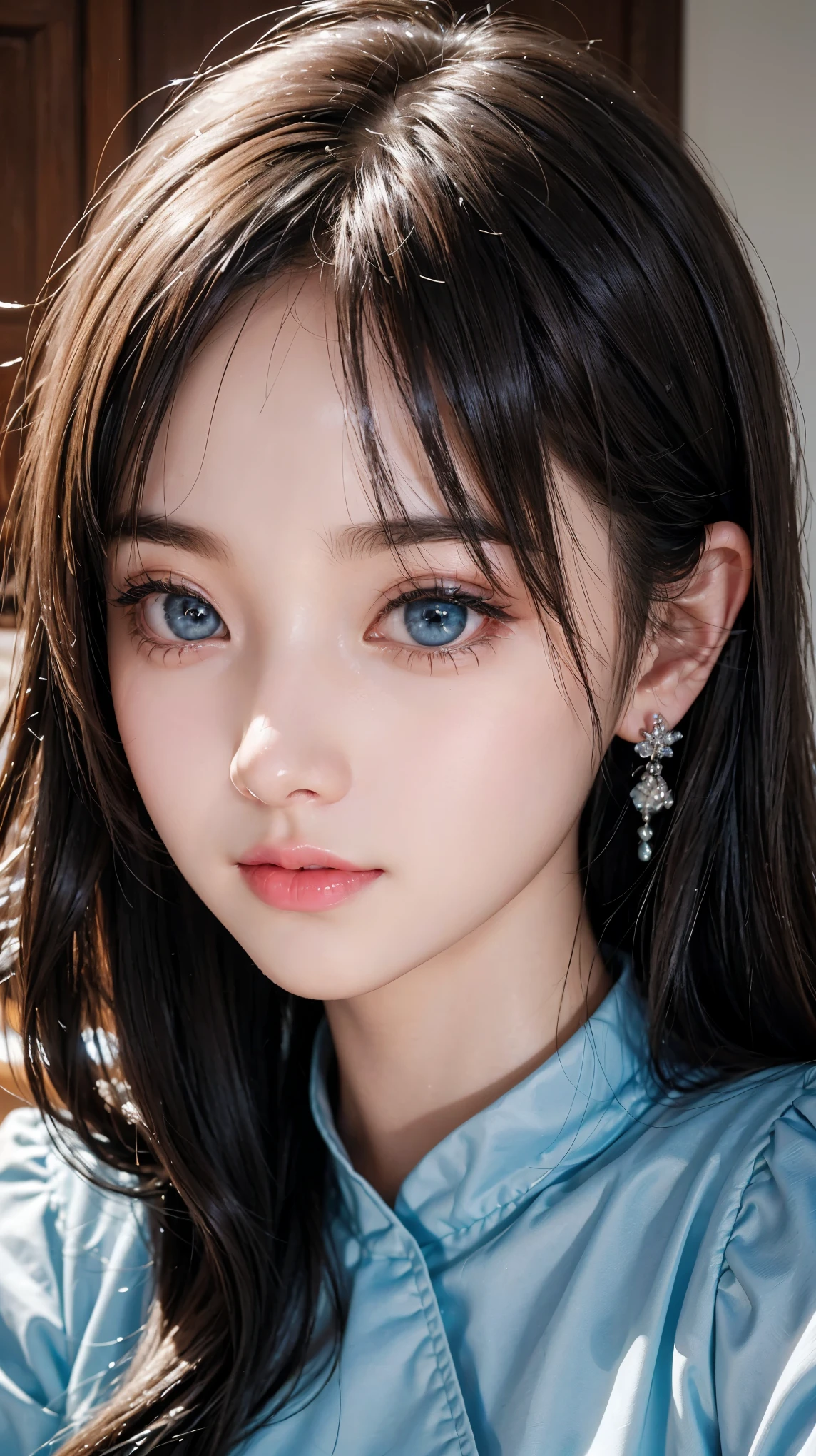 (close up:1.4)、(RAW Shooting:1.2)、(Reality:1.4)、(masterpiece:1.3)、(best quality:1.4)、Bright expression、Very beautiful girl、An unusually beautiful girl、Lovely and beautiful facial details、Beautiful bangs、shining, Fair, radiant skin、beard、Bangs that reach the face、There are bangs between the eyes、Extra long hair、Extra long, Direct, Silky hair，With a striking platinum hue、Thinning hair、Charming, shining, beautiful, bright, clear, light blue big eyes、piece、Eyeliner、Double eyelids、Full breasts、Upper Body、