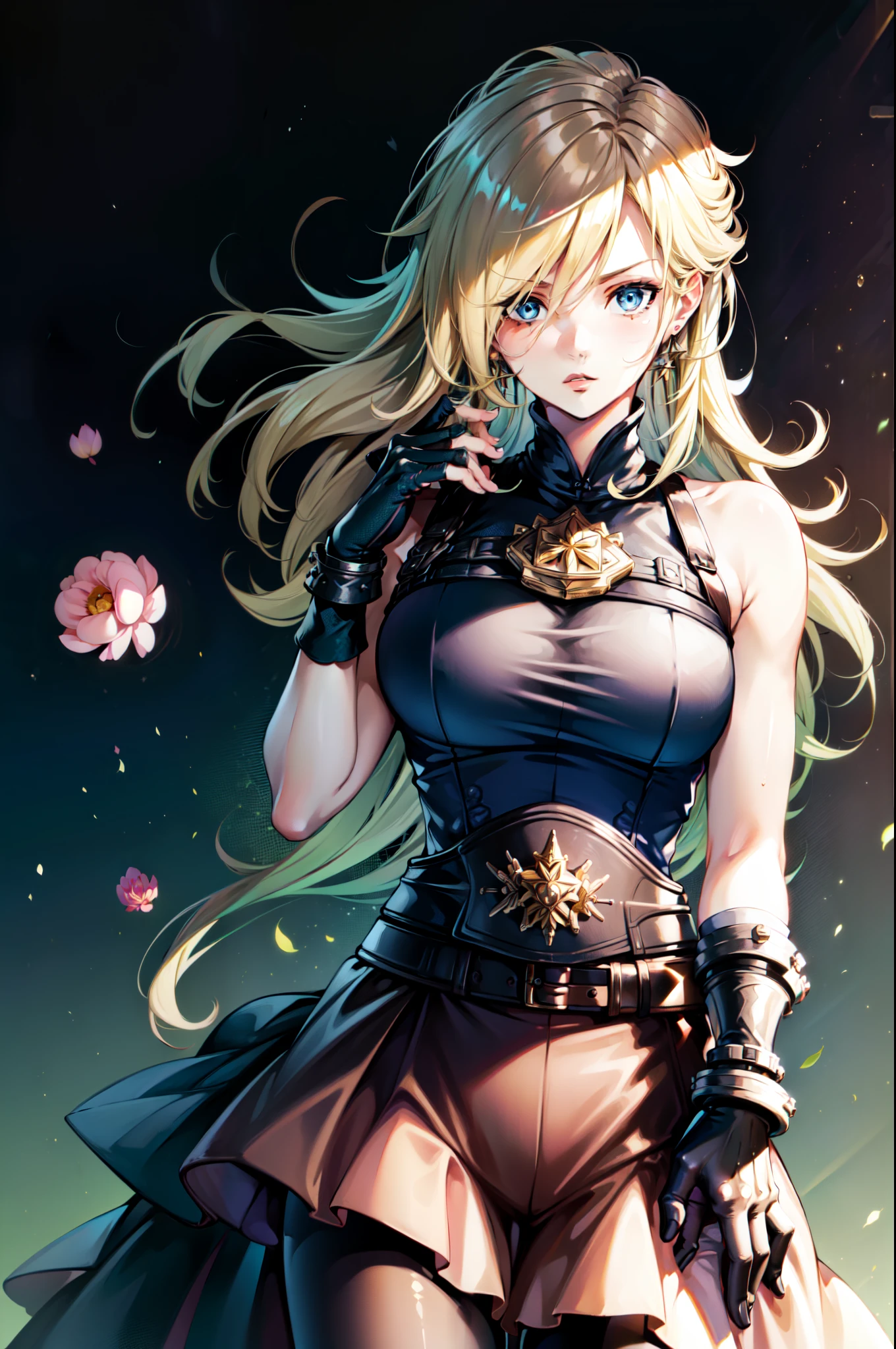 (masterpiece, best quality:1.2), expressive eyes, perfect face, highres, 1 girl, solo, (female:1.5), strife, blonde hair, shoulder armor, sleeveless turtleneck, suspenders, belt, gloves, bracer, blushing, surprised face, standing, portrait, looking at viewer,