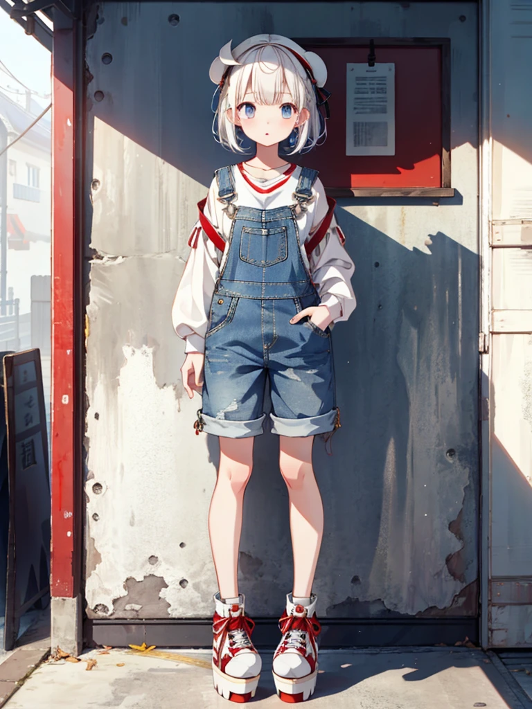 1girl、highest quality、Masterpiece、Official Art、The best composition、Highly detailed CG、High resolution、Disorganized、Standing in front of the viewer、vtuber-fullbody、Milky white short hair、Denim overalls、Platform sneakers、