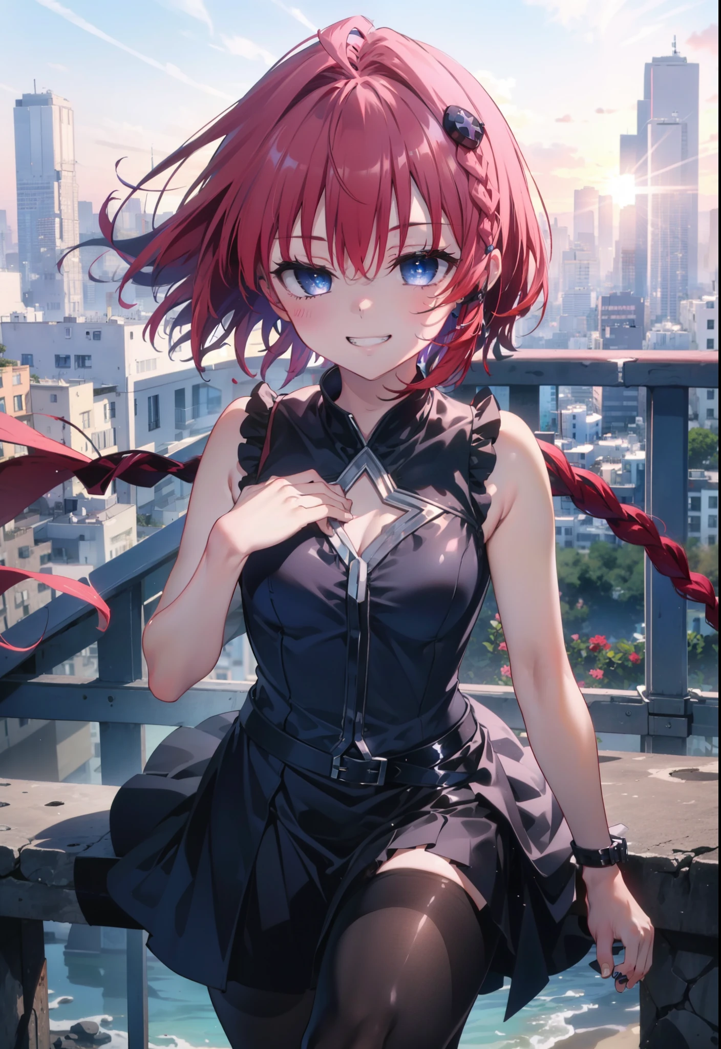 (masterpiece, highest quality:1.2),shape,8k,High resolution,kurosaki mea,Red Hair,Long Hair,Long braids,Purple eyes,1 girl,Grin,smile,Sleeveless black dress,Bare arms,black long skirt,Black pantyhose,Stiletto heels,evening,Sunset,The sun is setting,Looking up or down,
break looking at viewer,whole body, (Cowboy Shot:1. 5)
break outdoors, Coastal Road,
break (masterpiece:1.2), highest quality, High resolution, unity 8k wallpaper, (shape:0.8), (Beautiful and beautiful eyes:1.6), Highly detailed face, Perfect lighting, Extremely detailed CG, (Perfect hands, Perfect Anatomy),